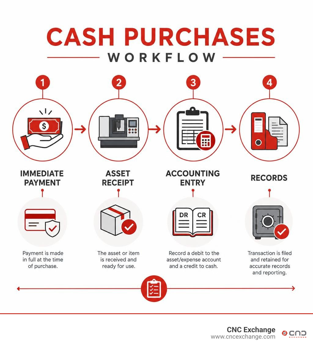Cash purchases workflow: immediate payment, asset receipt, accounting entry, records infographic Cash purchases workflow: immediate payment, asset receipt, accounting entry, records infographic