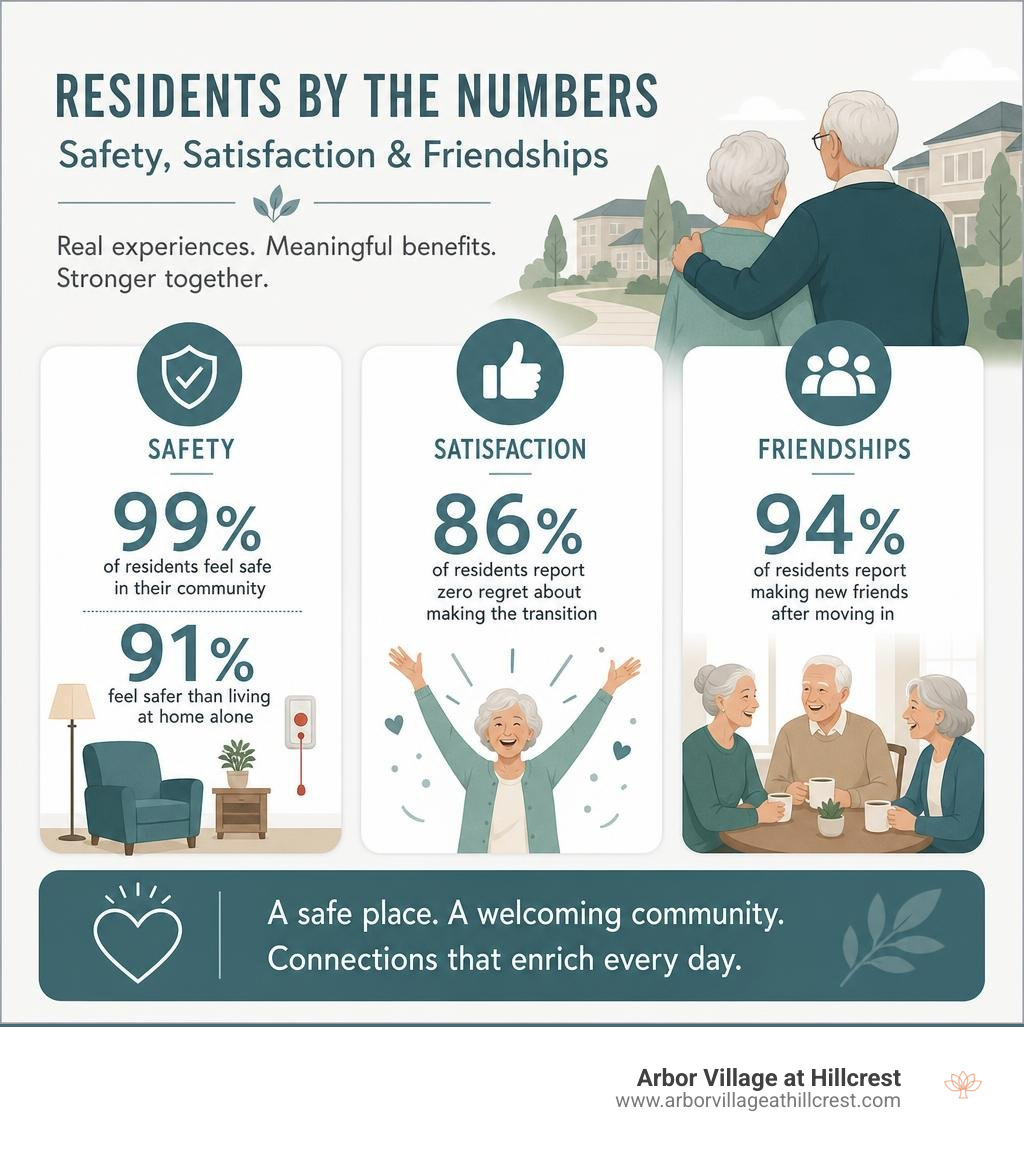 Infographic showing key resident statistics on safety satisfaction and friend making infographic