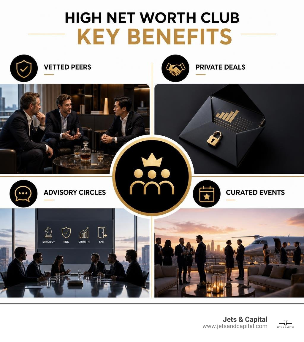 High net worth club benefits: vetted peers, private deals, advisory circles, curated events infographic High net worth club benefits: vetted peers, private deals, advisory circles, curated events infographic
