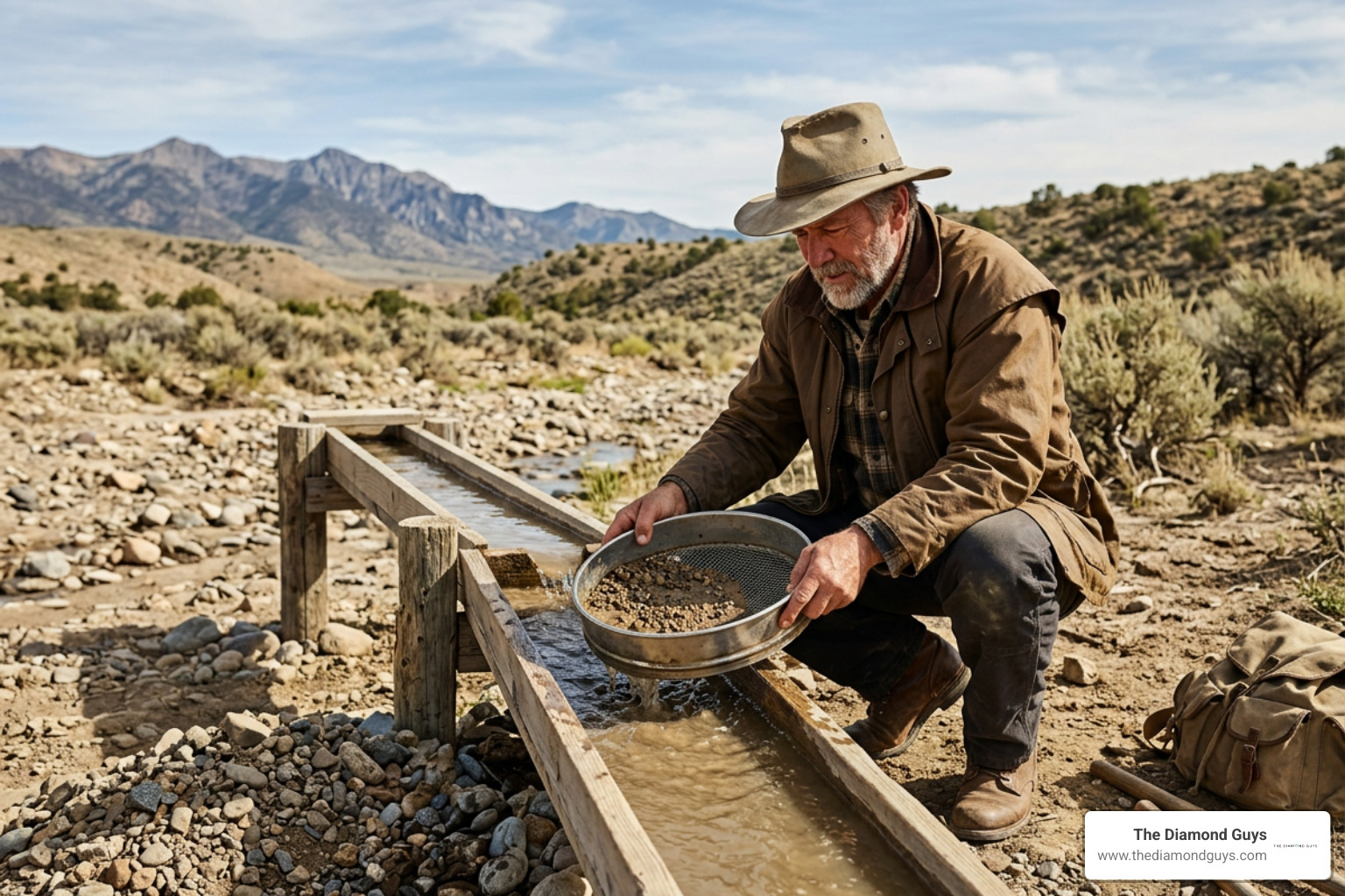 prospector using sifting screens and water troughs for diamond hunting prospector using sifting screens and water troughs for diamond hunting
