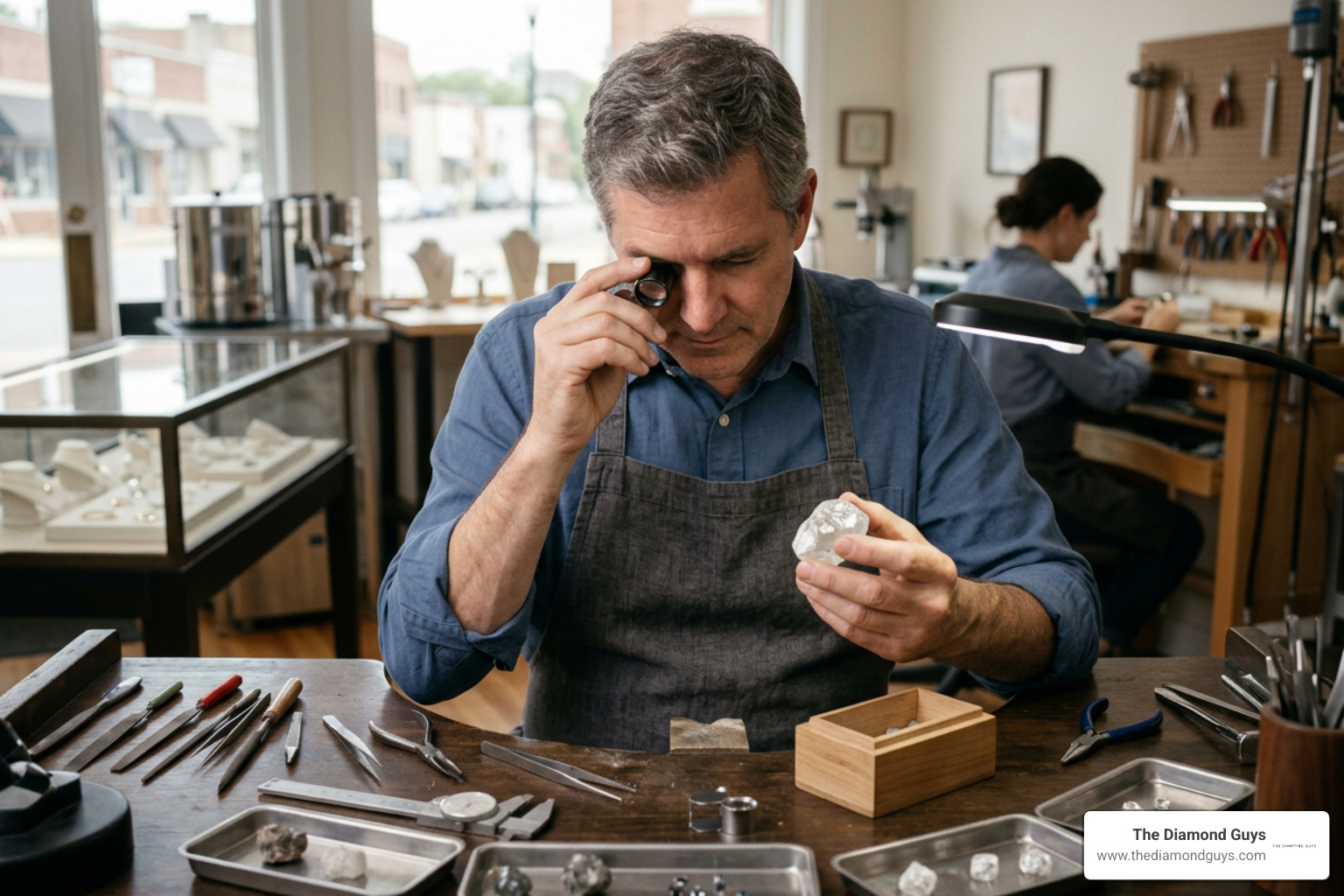 jeweler examining an ethically sourced natural diamond with a loupe jeweler examining an ethically sourced natural diamond with a loupe
