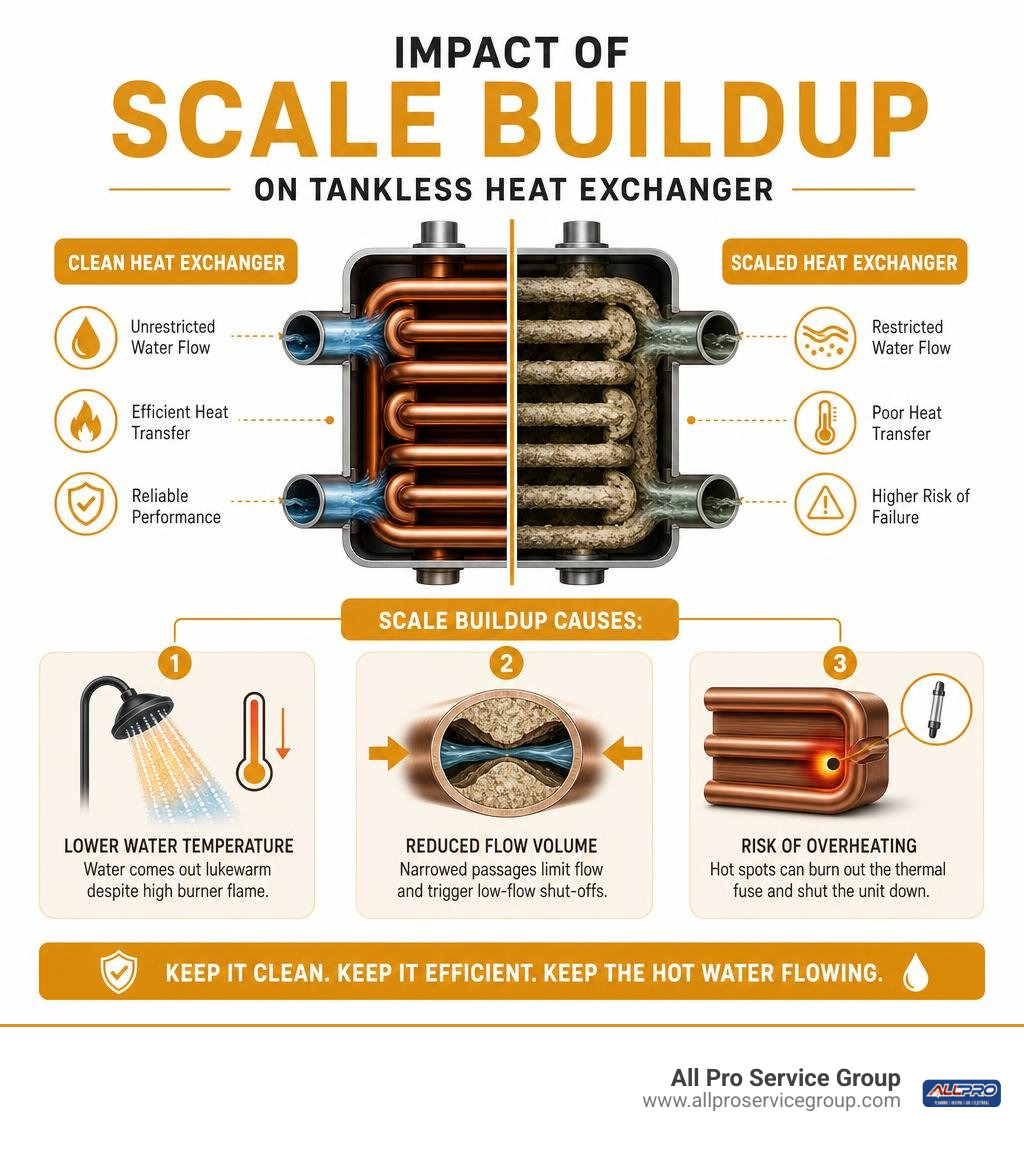 Impact of scale buildup on tankless heat exchanger infographic Impact of scale buildup on tankless heat exchanger infographic