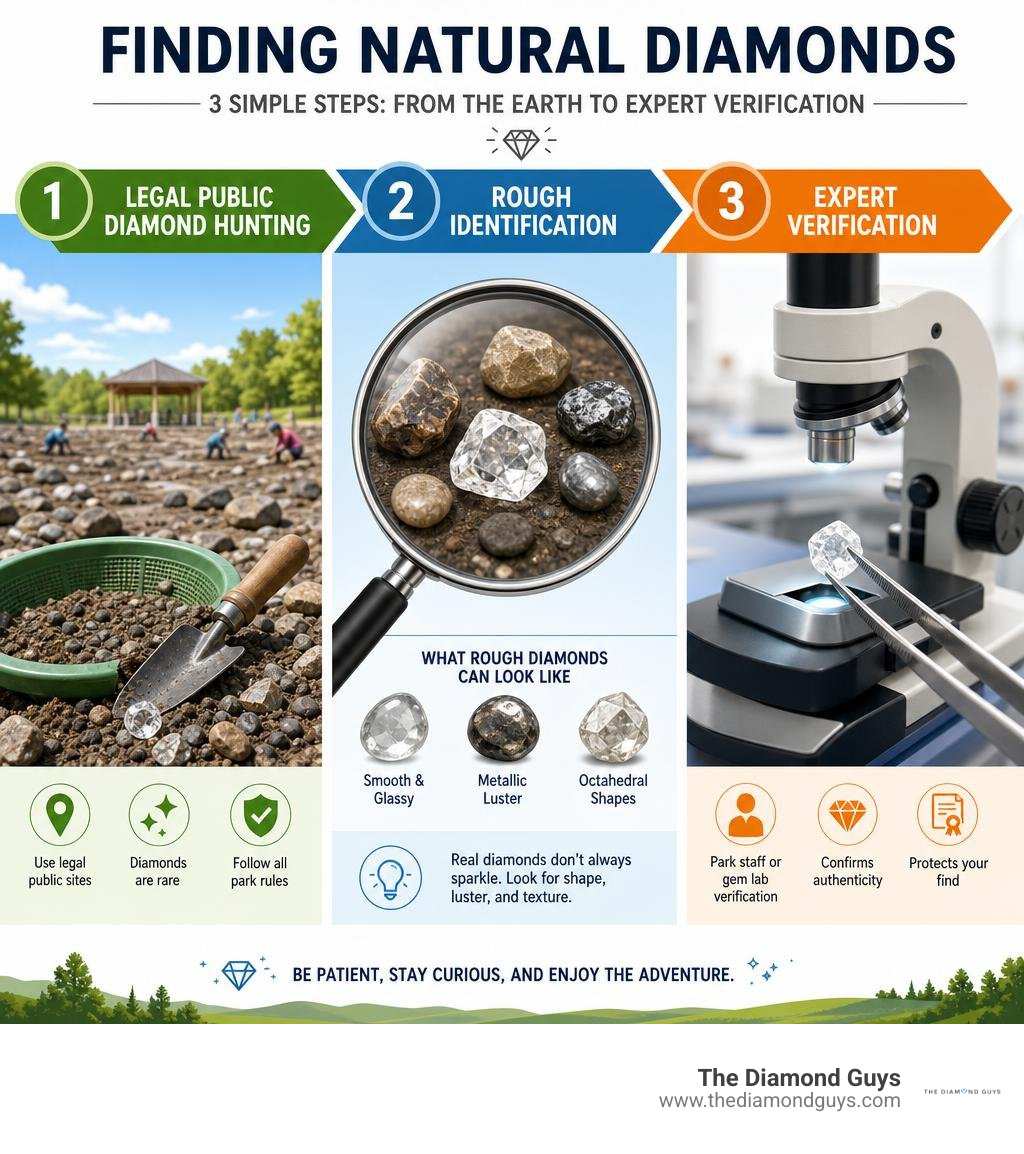 Infographic showing legal public diamond hunting, rough identification, and expert verification infographic Infographic showing legal public diamond hunting, rough identification, and expert verification infographic