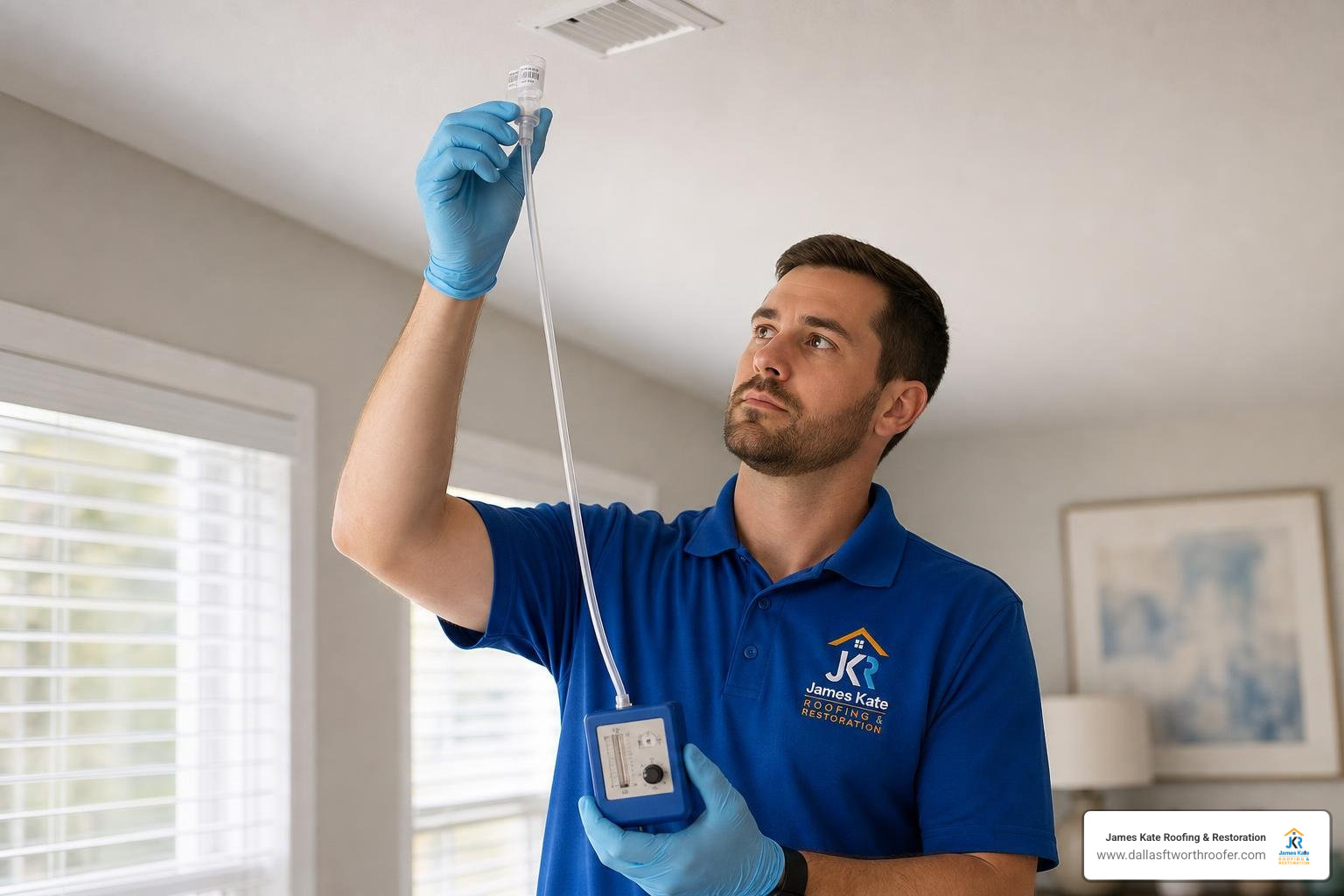 certified technician in royal blue James Kate shirt collecting air samples certified technician in royal blue James Kate shirt collecting air samples