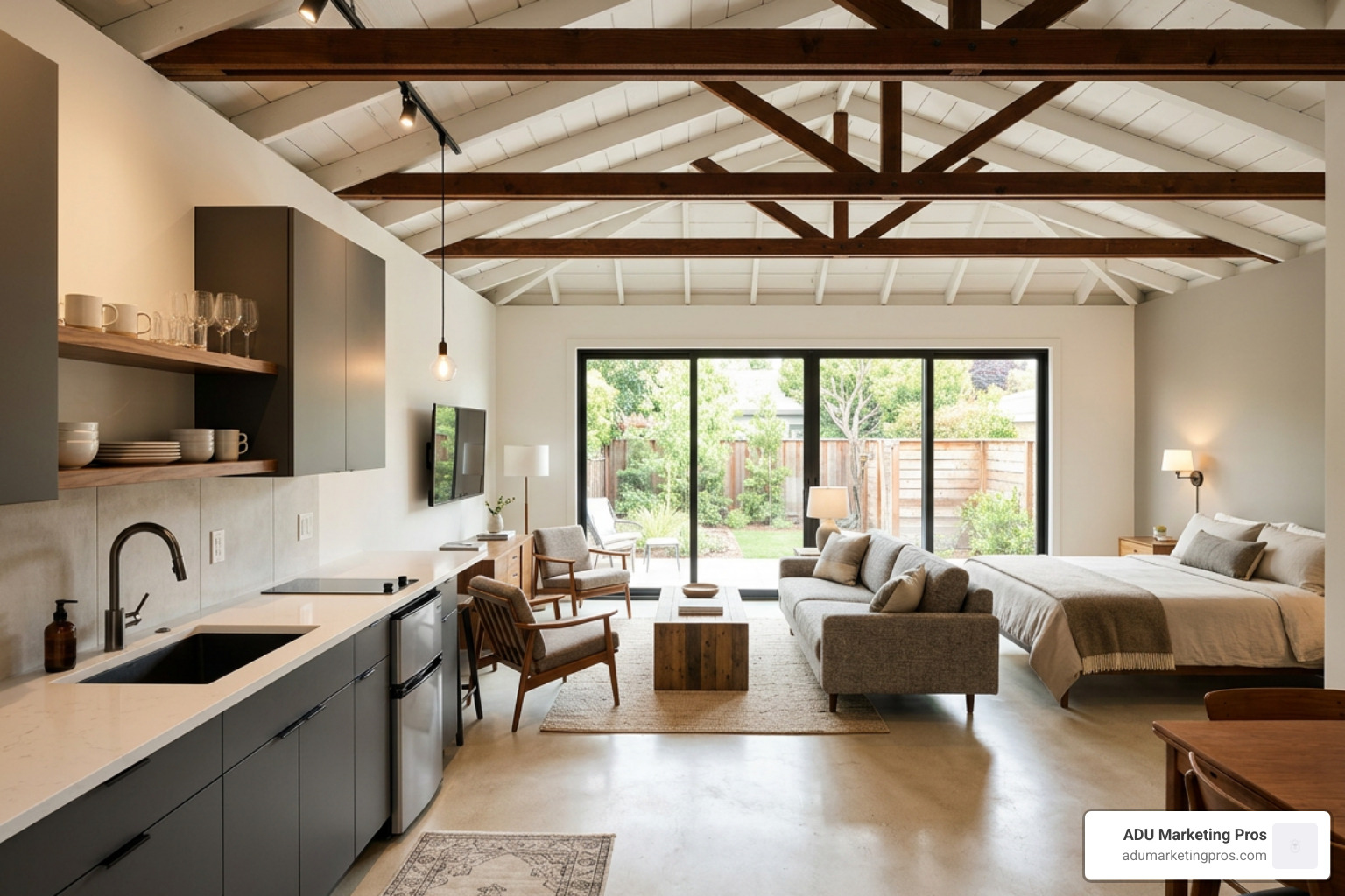 Interior of a modern garage turned into an apartment studio with open floor plan and high ceilings