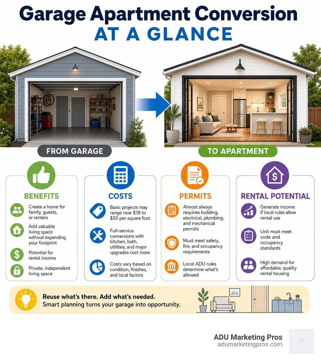 Garage apartment conversion at a glance: benefits, costs, permits, and rental potential infographic