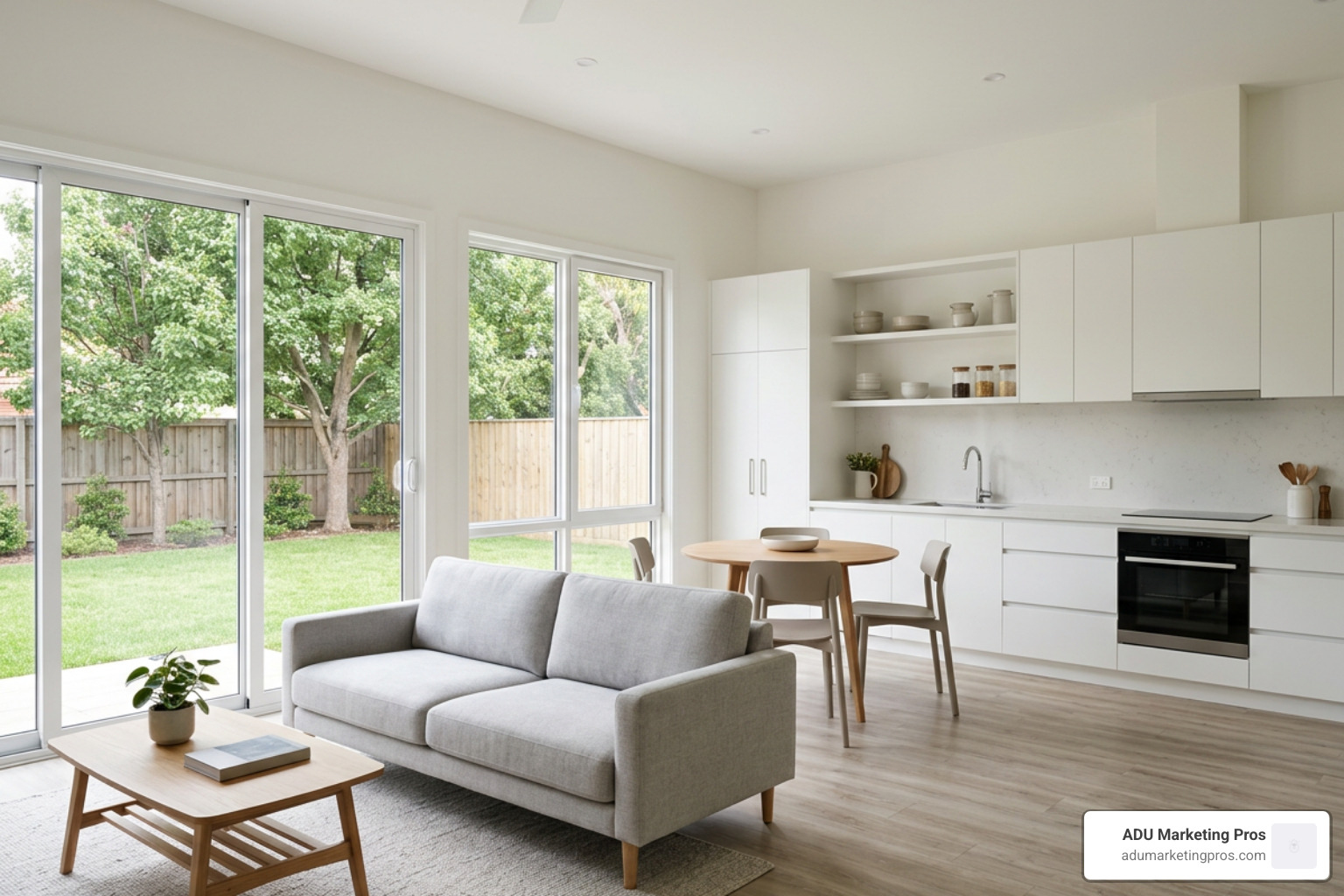 Spacious interior of an expandable relocatable suite set up as a modern residential home