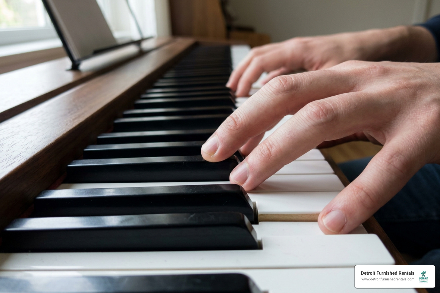 Piano keyboard layout showing fingerings for the opening four-note motif