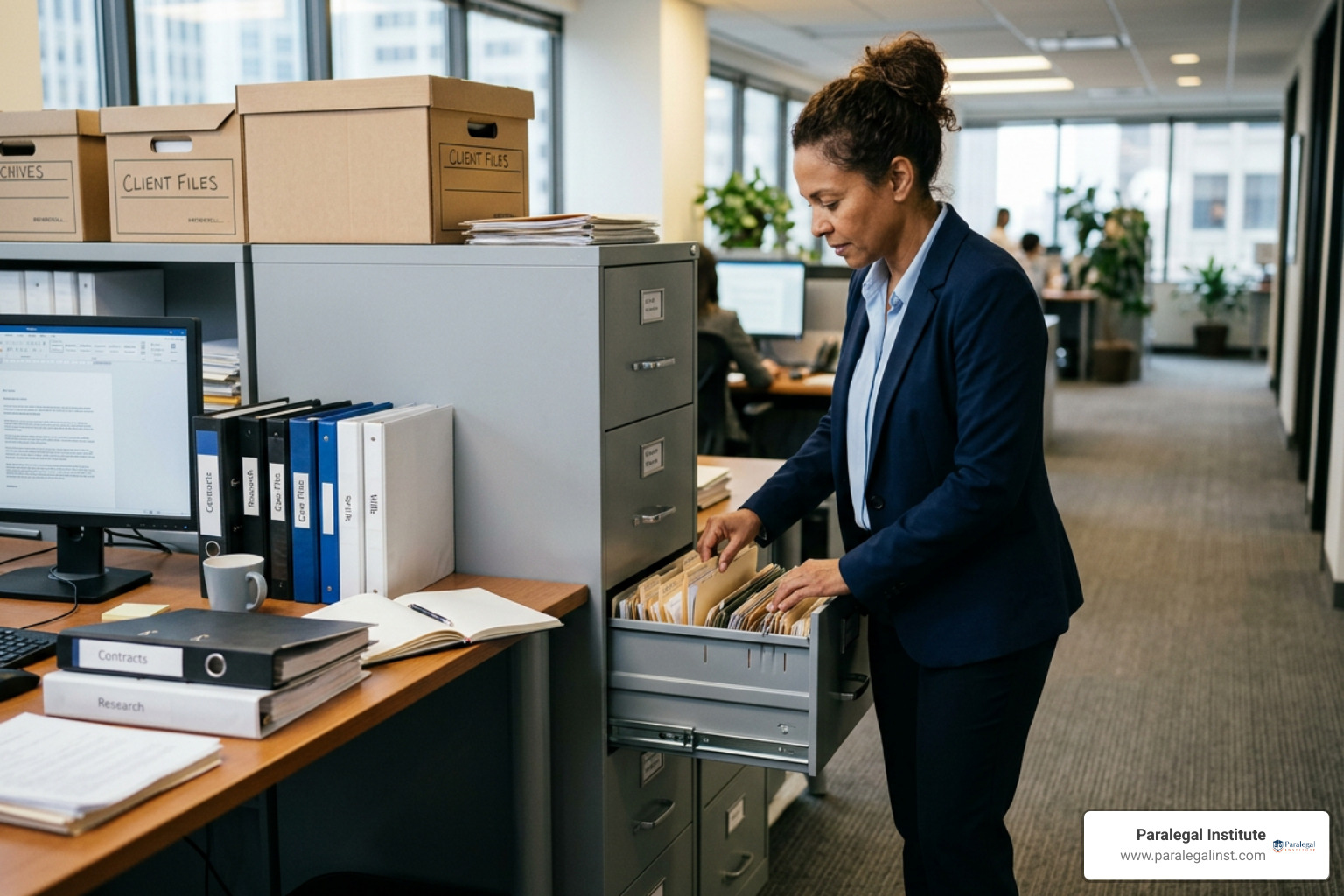 paralegal organizing files in a law firm office paralegal organizing files in a law firm office