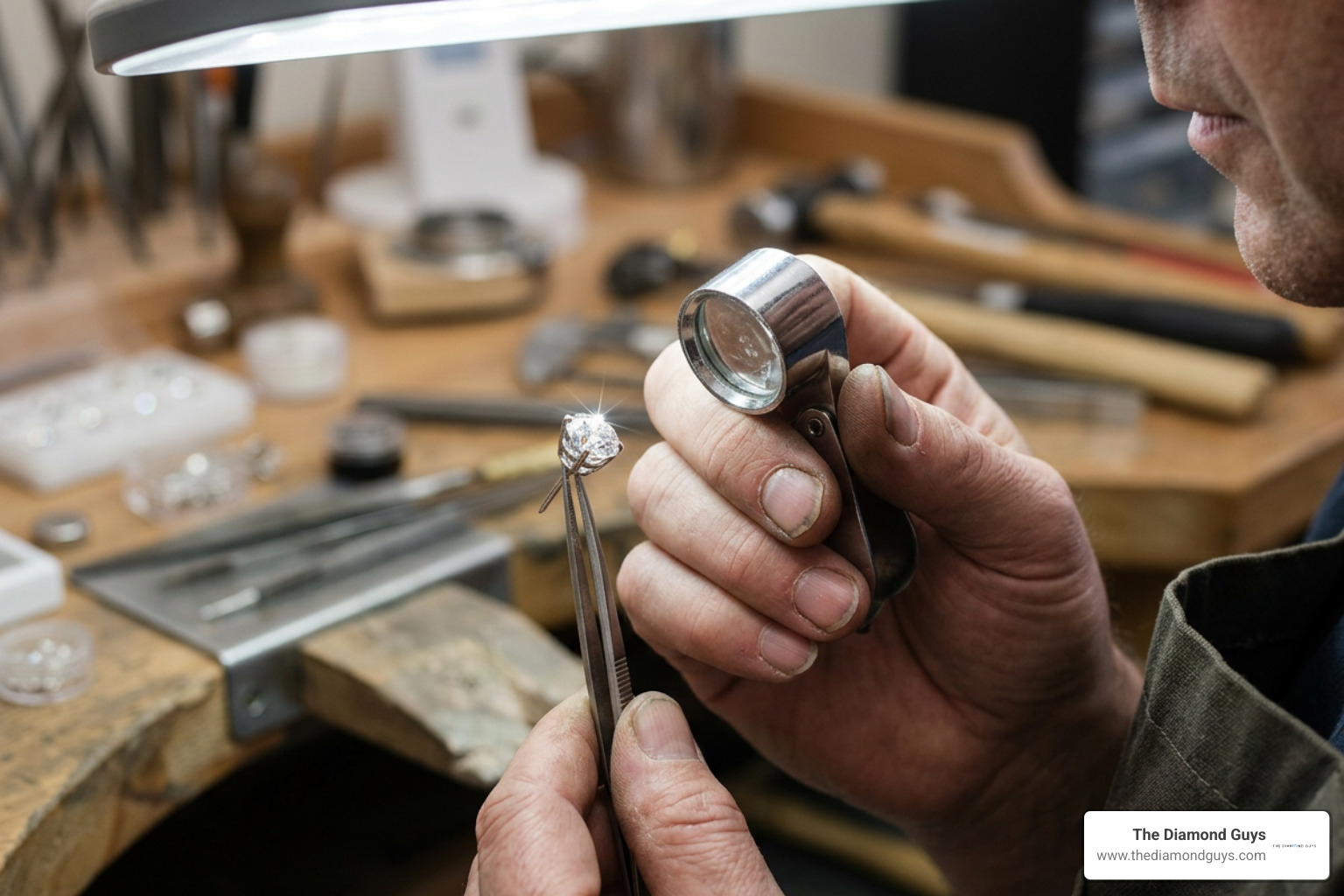 Detailed diamond clarity and color inspection using a jeweler loupe Detailed diamond clarity and color inspection using a jeweler loupe