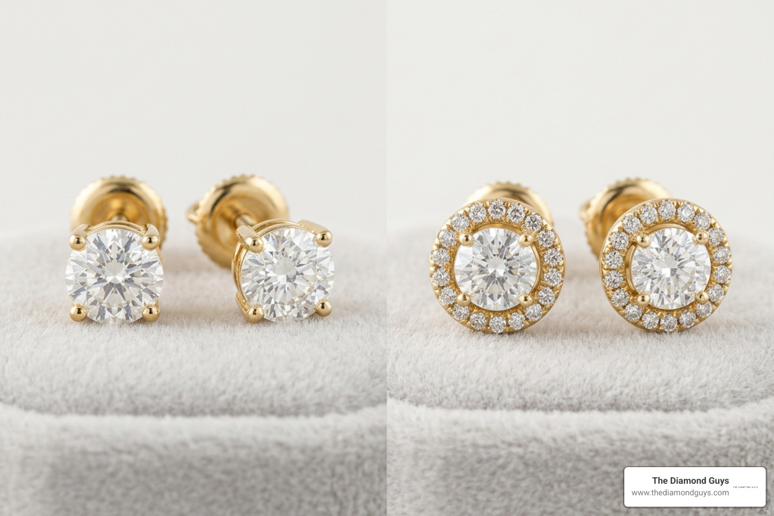 Solitaire versus accent diamond earring designs side by side Solitaire versus accent diamond earring designs side by side