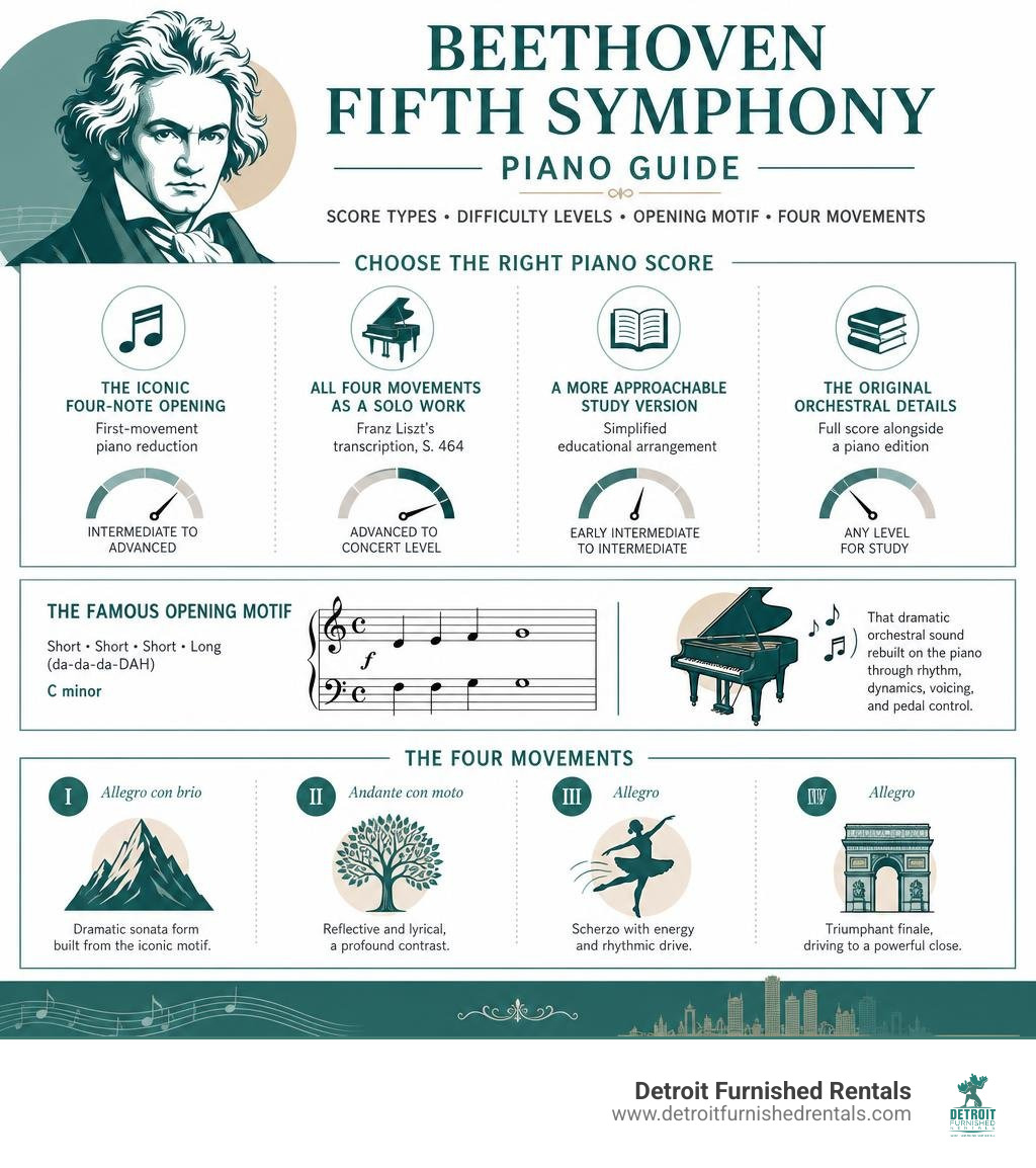 Beethoven Fifth Symphony piano guide: score types, difficulty levels, opening motif, and four movements infographic
