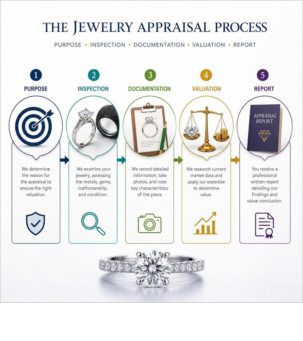 Jewelry appraisal purpose, inspection, documentation, valuation, and report infographic infographic