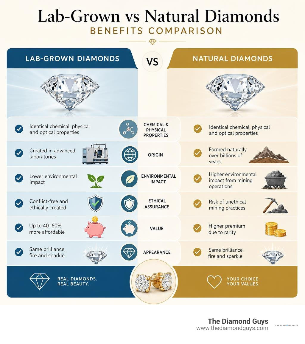 Comparison of Lab-Grown vs Natural Diamond Benefits infographic Comparison of Lab-Grown vs Natural Diamond Benefits infographic