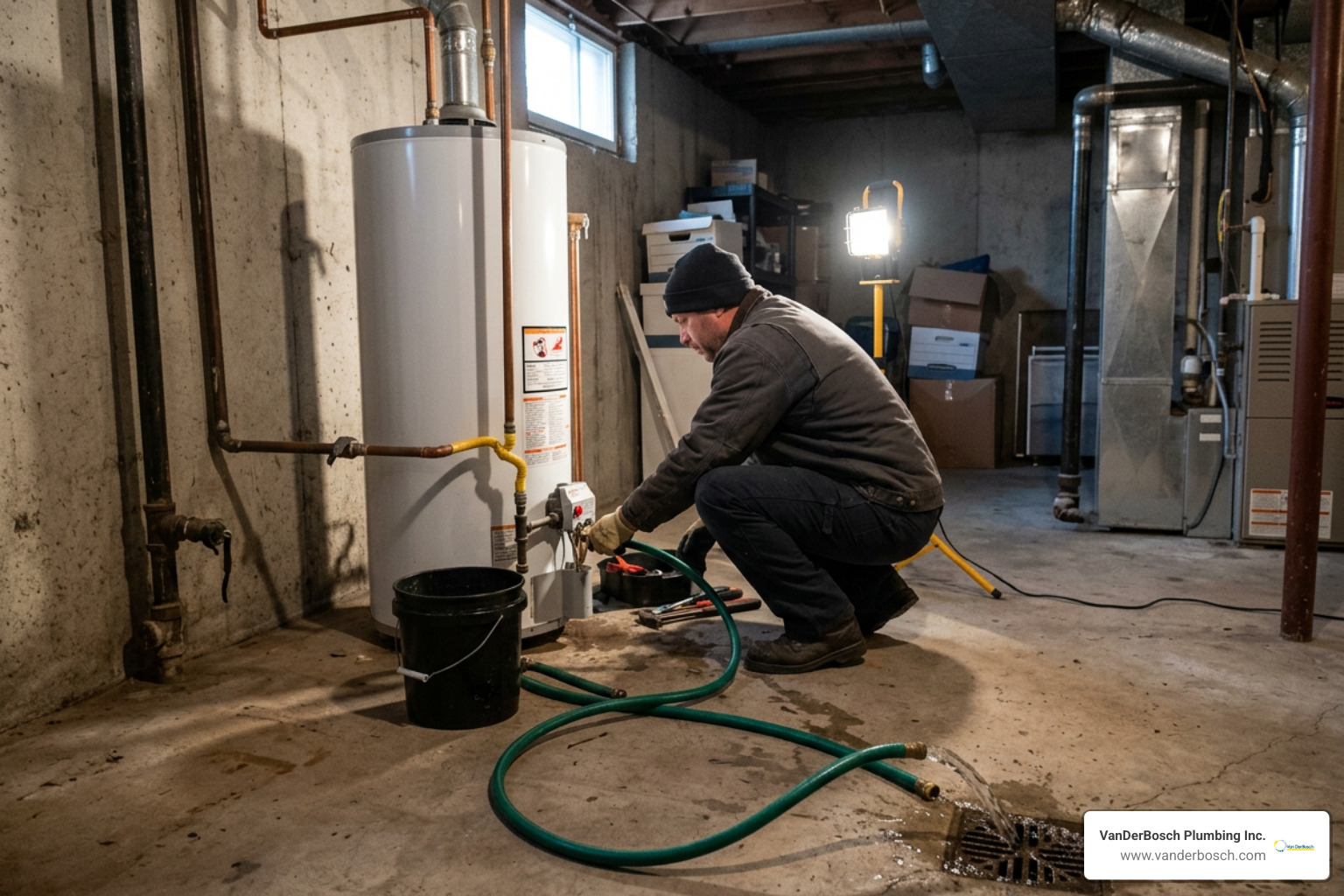 Plumber draining water heater tank into basement floor drain