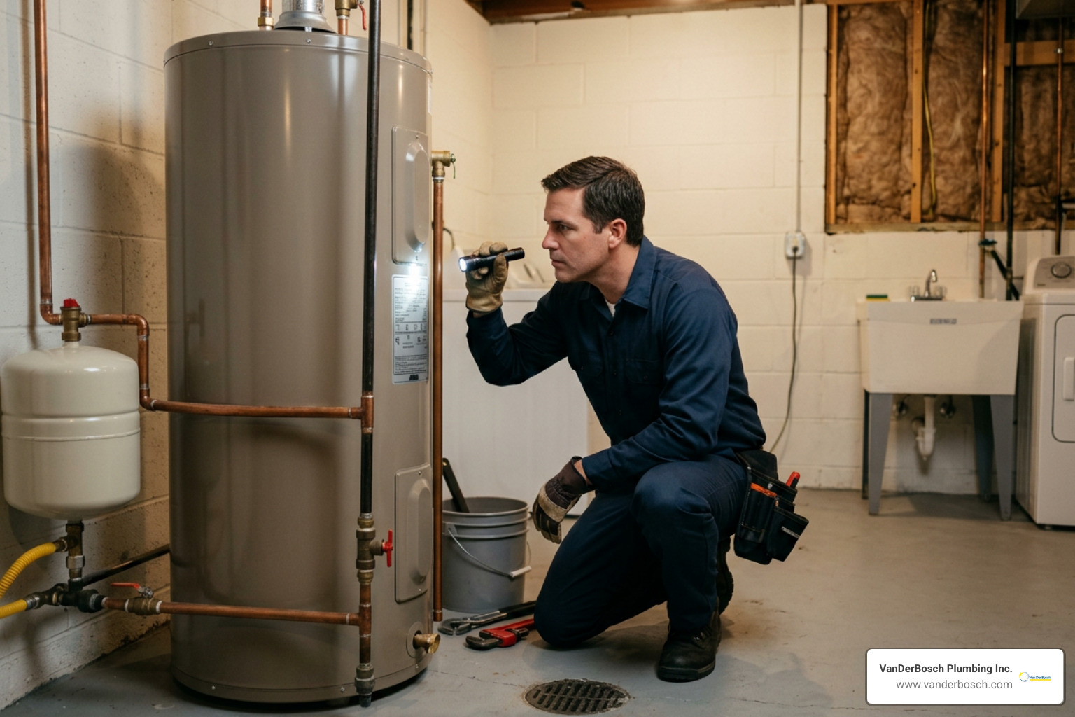 Plumber inspecting a water heater rating plate