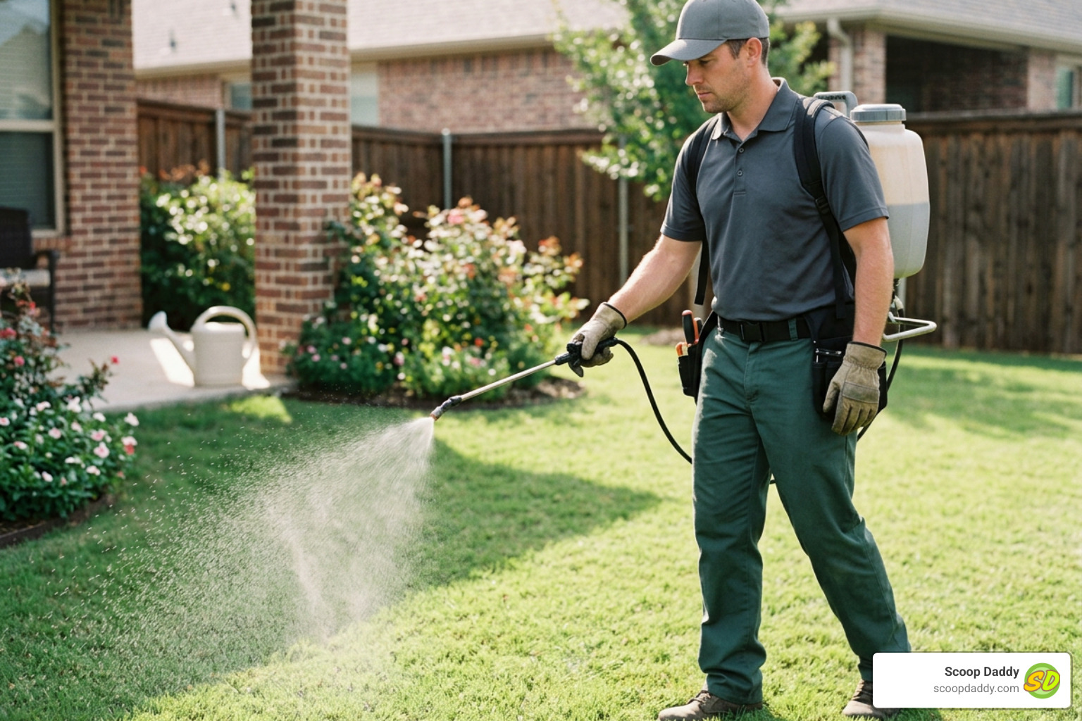 Applying yard deodorizer spray to grass Applying yard deodorizer spray to grass