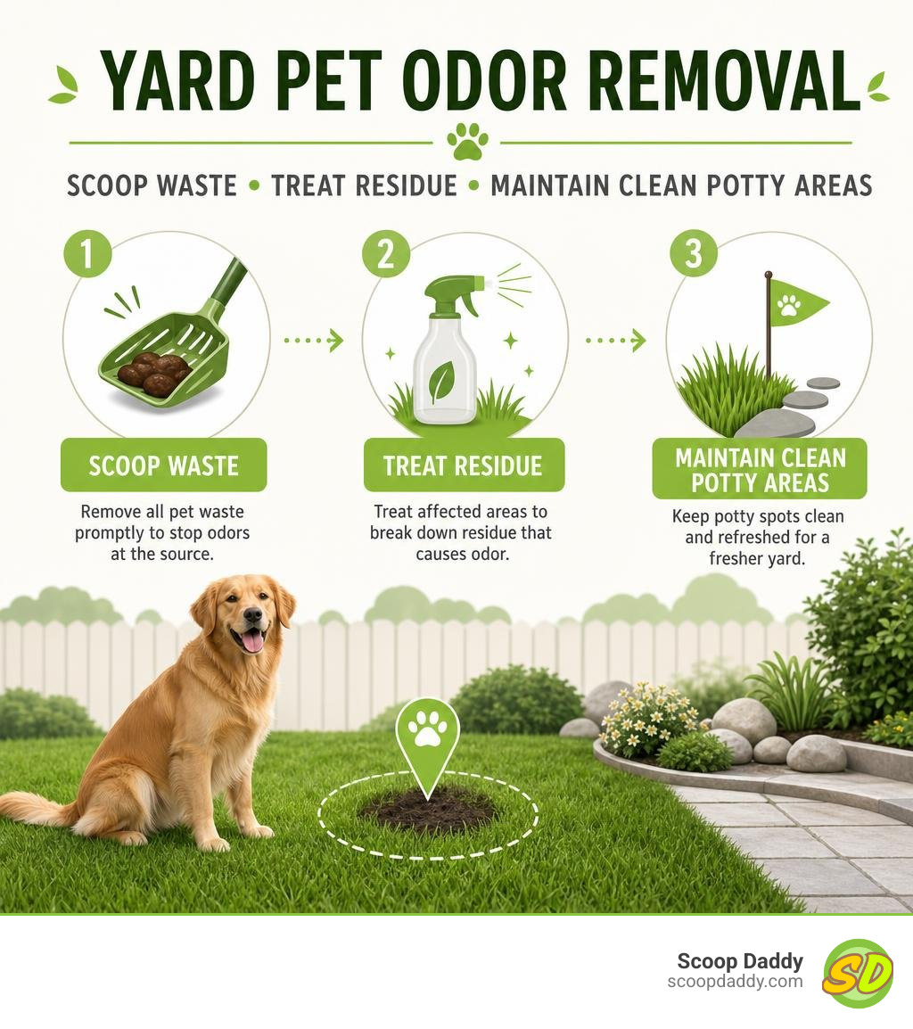 Yard pet odor removal: scoop waste, treat residue, maintain clean potty areas infographic Yard pet odor removal: scoop waste, treat residue, maintain clean potty areas infographic