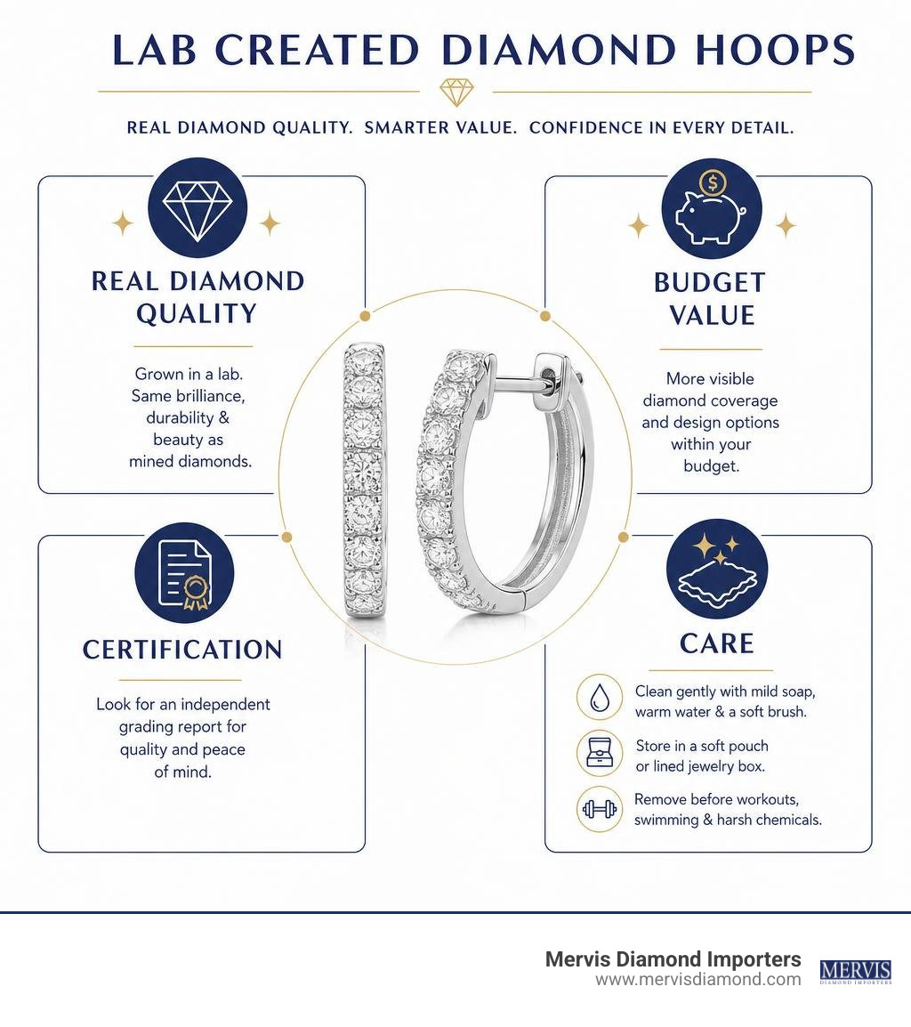 Lab created diamond hoops: real diamond quality, budget value, certification, and care infographic