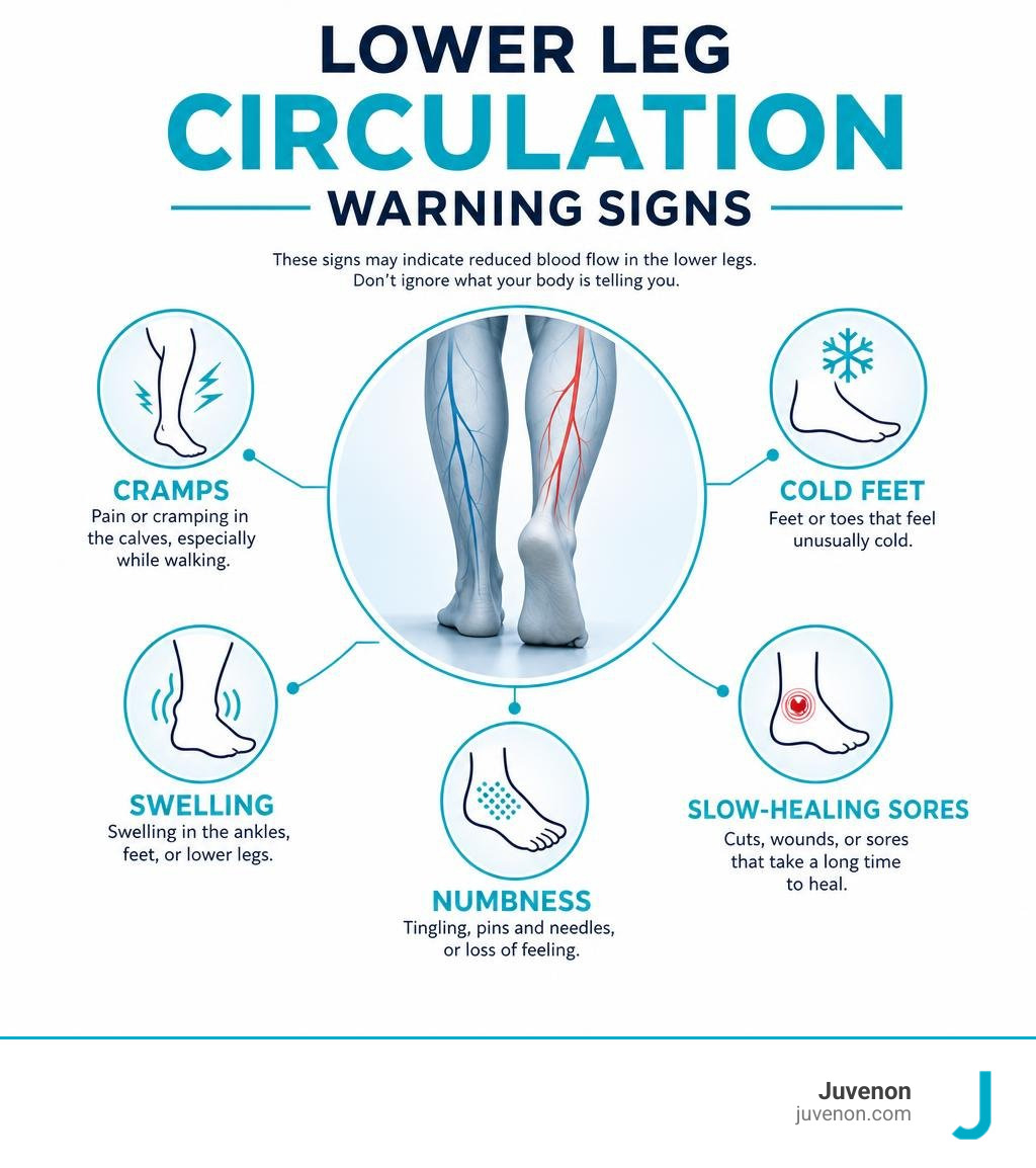 Lower leg circulation warning signs: cramps, cold feet, swelling, numbness, and slow-healing sores infographic