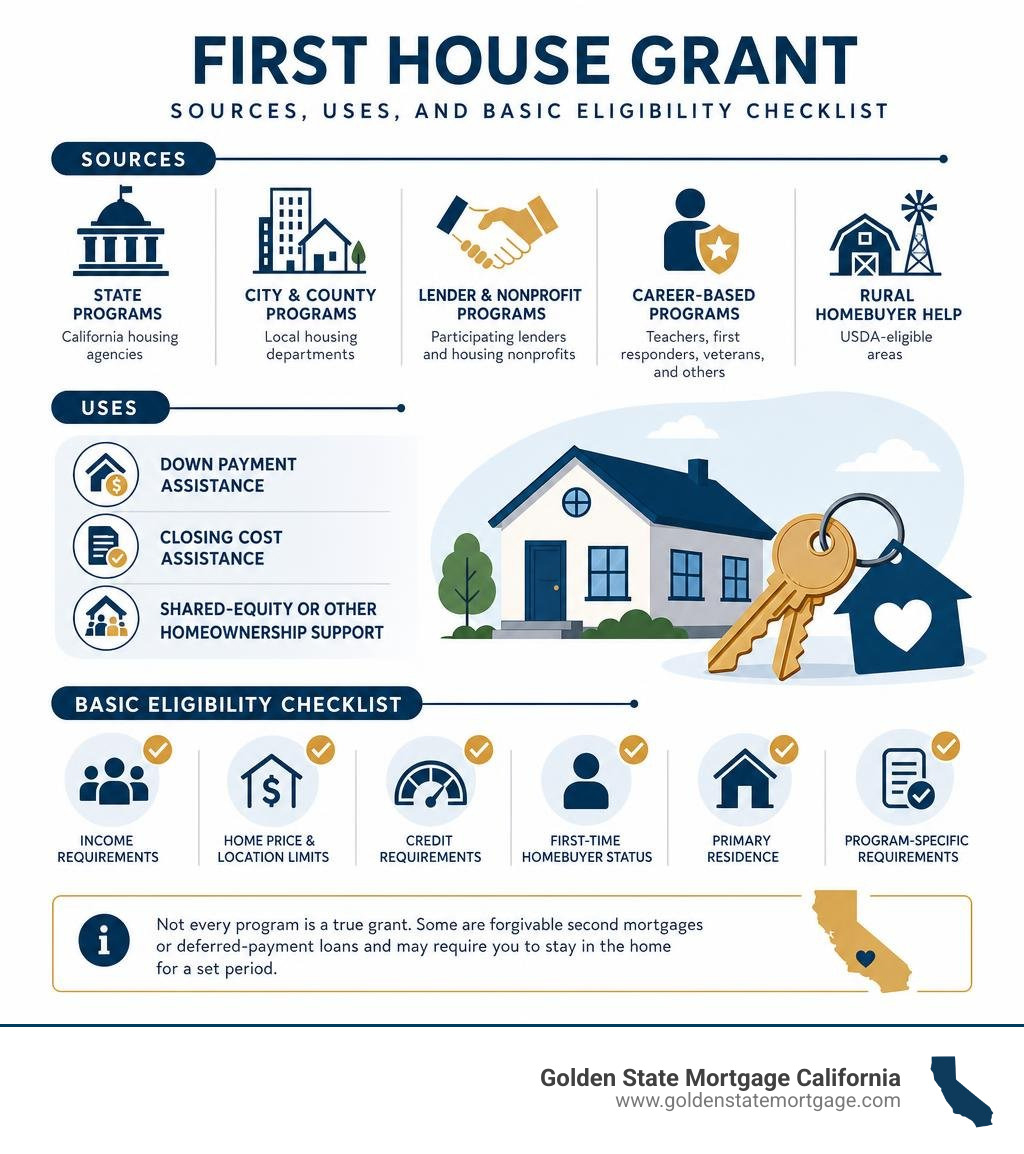 First house grant sources, uses, and basic eligibility checklist infographic
