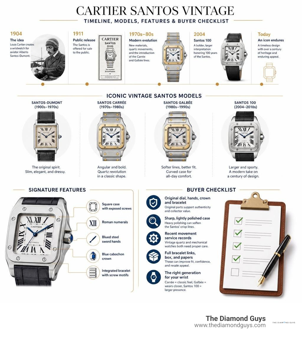 Cartier Santos vintage timeline, models, features, and buyer checklist infographic