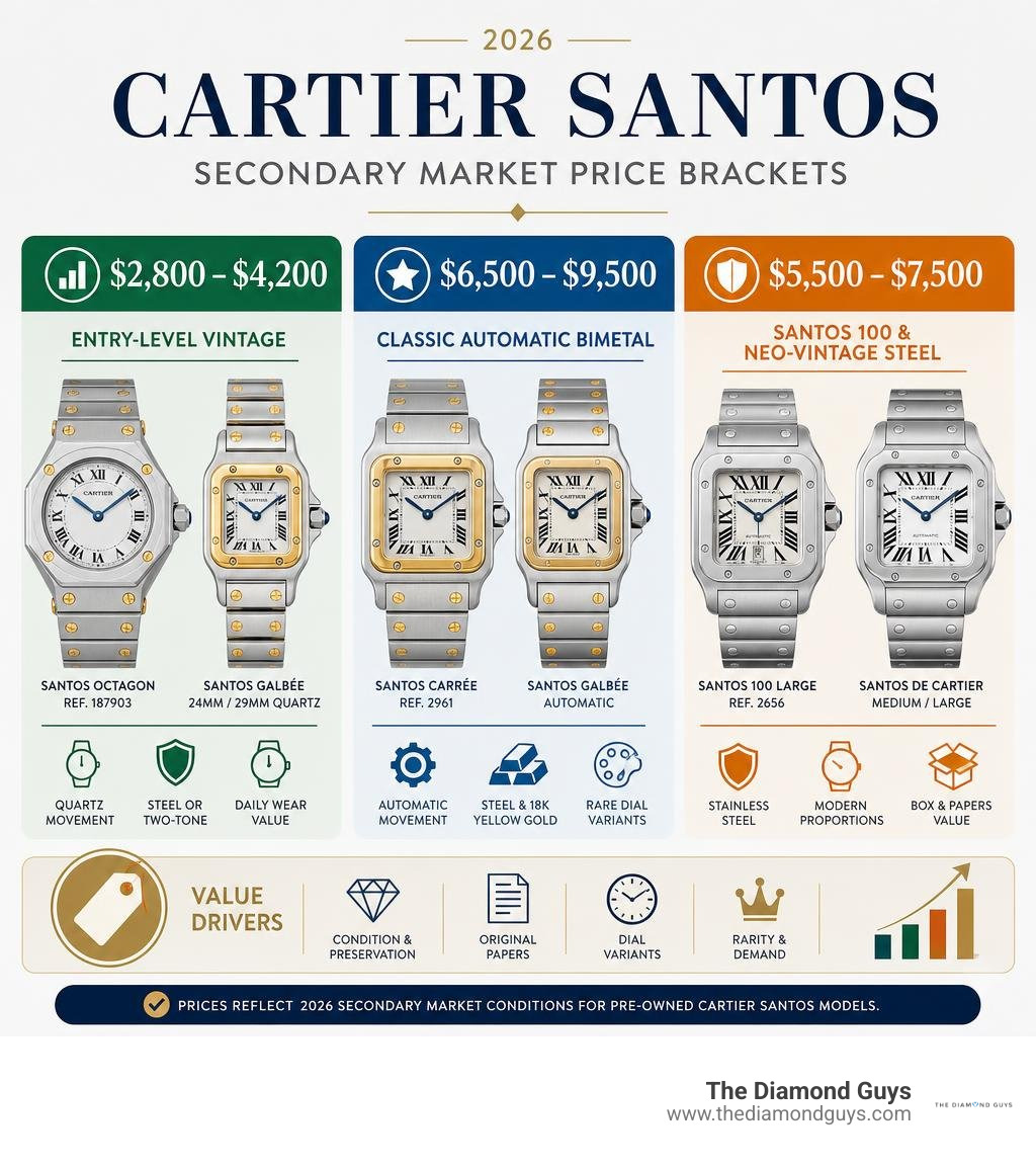 Direct valuation chart showing secondary market price brackets for pre-owned Cartier Santos models in 2026 infographic