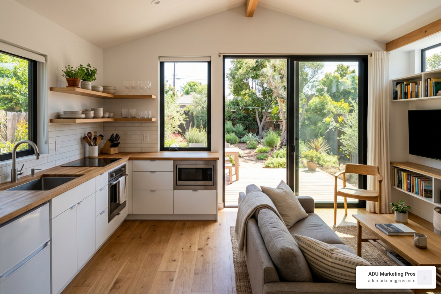 modern California backyard granny flat interior with kitchen and living space