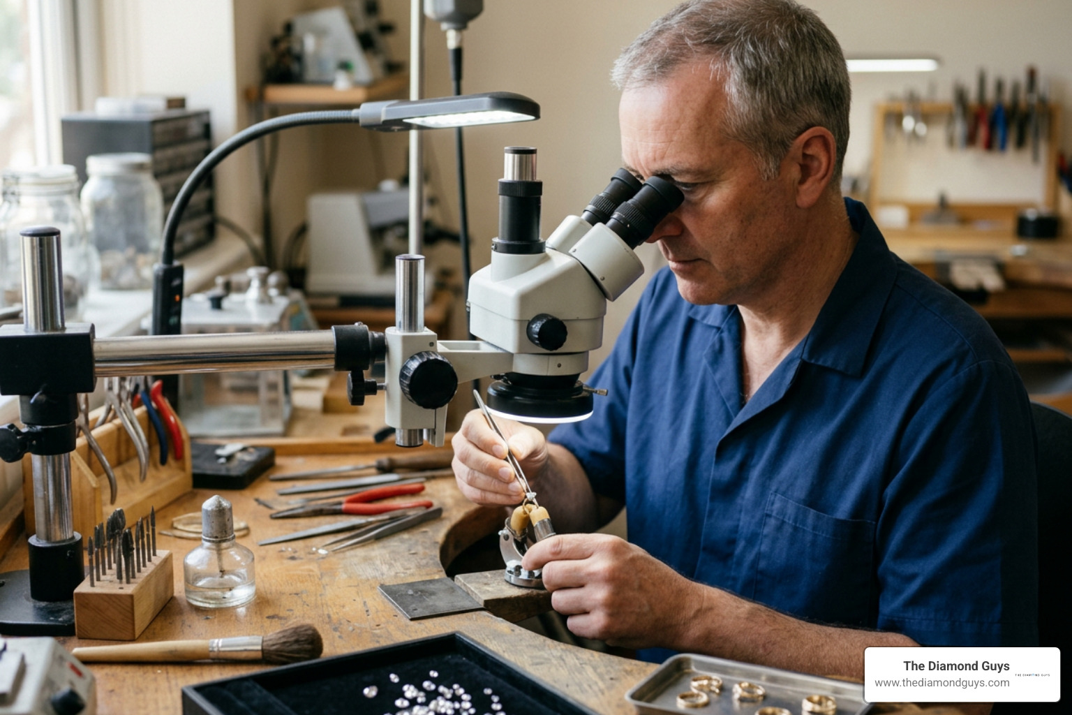 Master jeweler setting natural diamonds under high optical magnification Master jeweler setting natural diamonds under high optical magnification