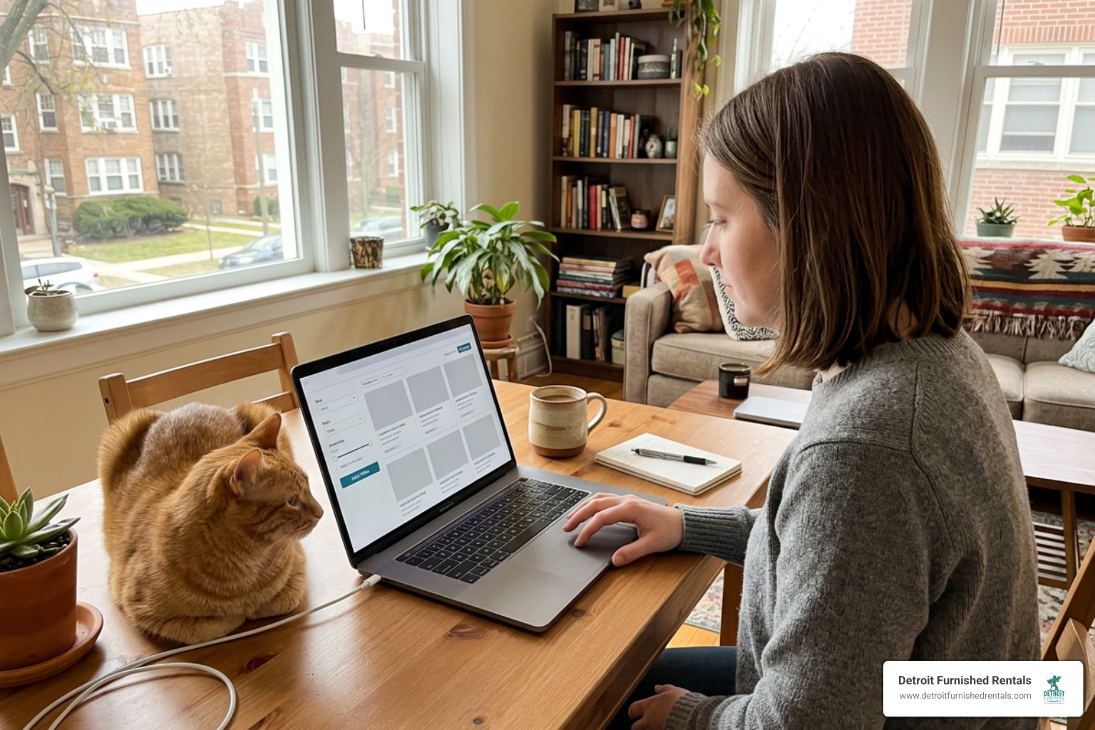 person filtering apartment listings on laptop with cat