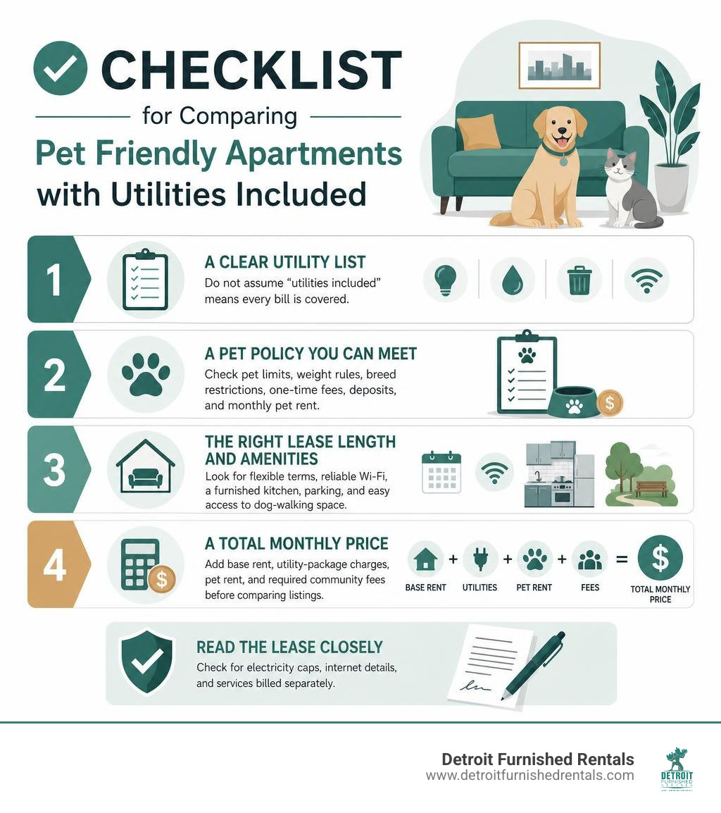 Checklist for comparing pet friendly apartments with utilities included infographic