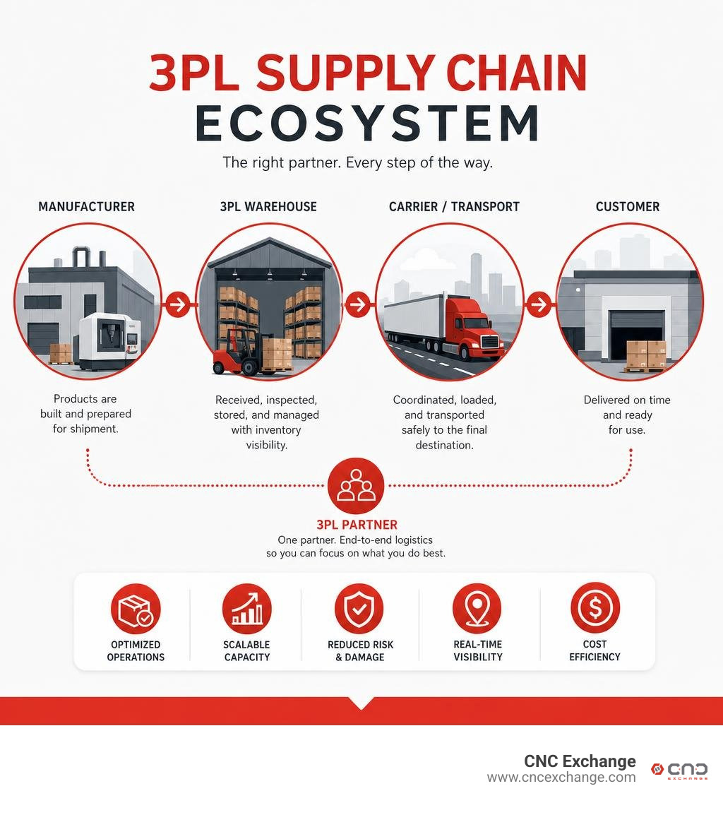 3PL supply chain ecosystem from manufacturer through warehouse and carrier to customer infographic 3PL supply chain ecosystem from manufacturer through warehouse and carrier to customer infographic