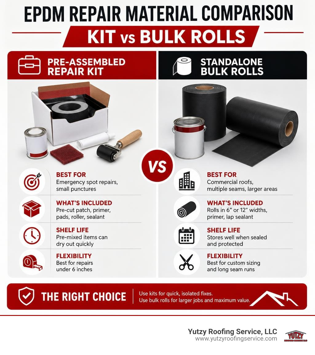 EPDM repair material comparison: kit vs bulk rolls infographic EPDM repair material comparison: kit vs bulk rolls infographic