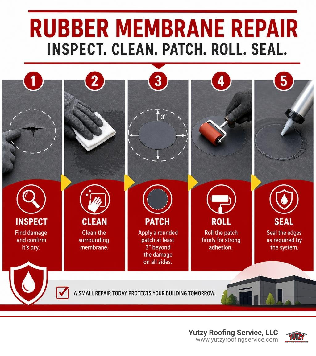 Rubber membrane repair: inspect, clean, patch, roll, seal infographic Rubber membrane repair: inspect, clean, patch, roll, seal infographic
