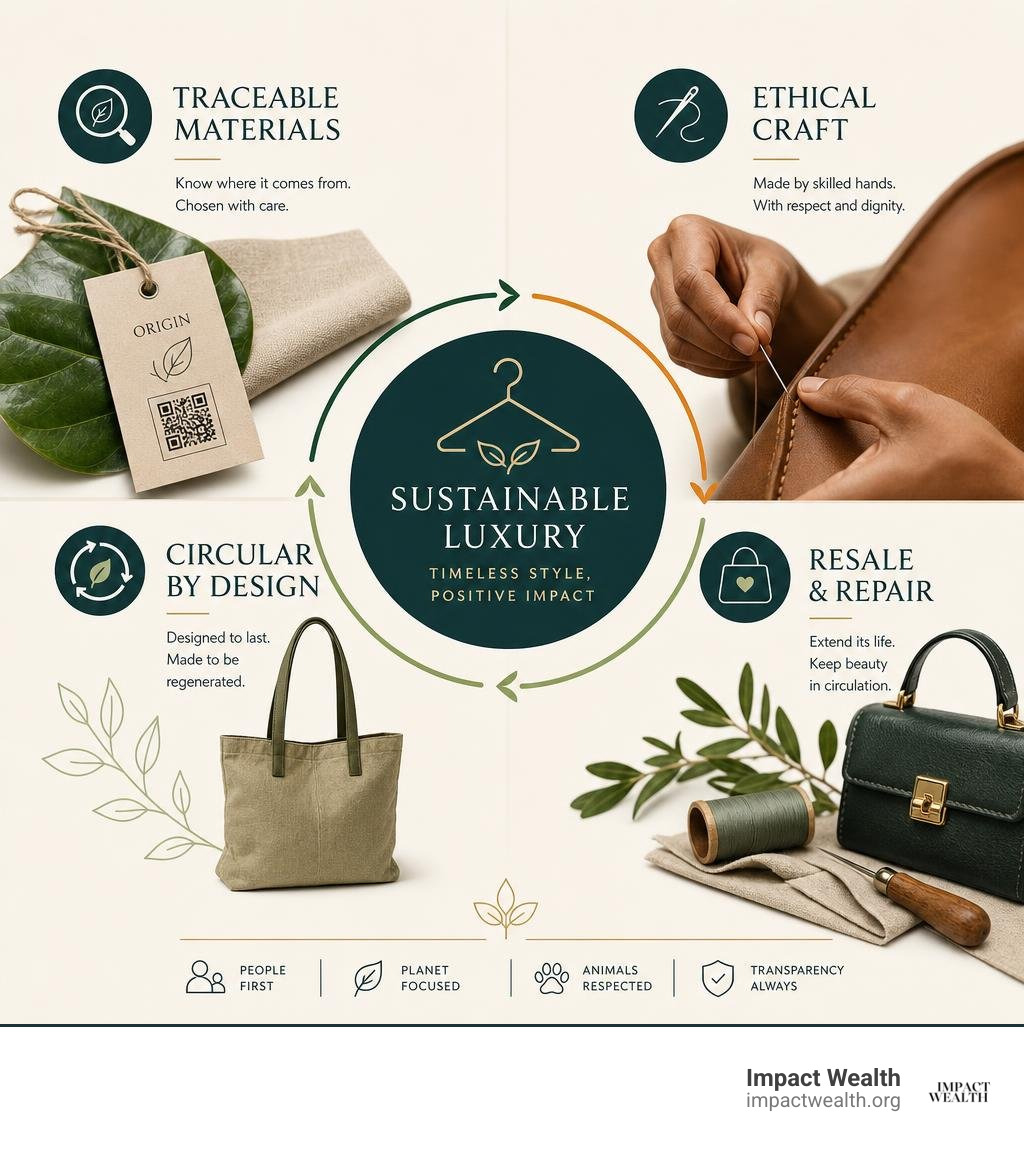 Sustainable luxury brands: traceable materials ethical craft circular resale and repair infographic Sustainable luxury brands: traceable materials ethical craft circular resale and repair infographic