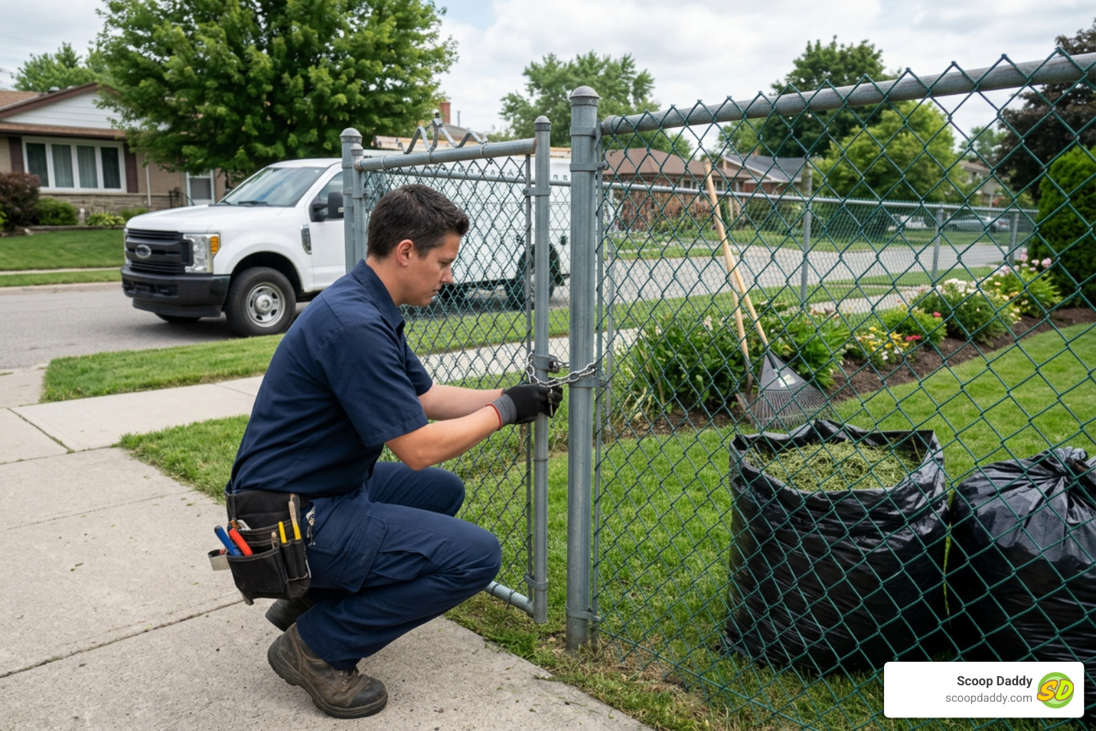 Technician securing a gate after yard cleanup Technician securing a gate after yard cleanup