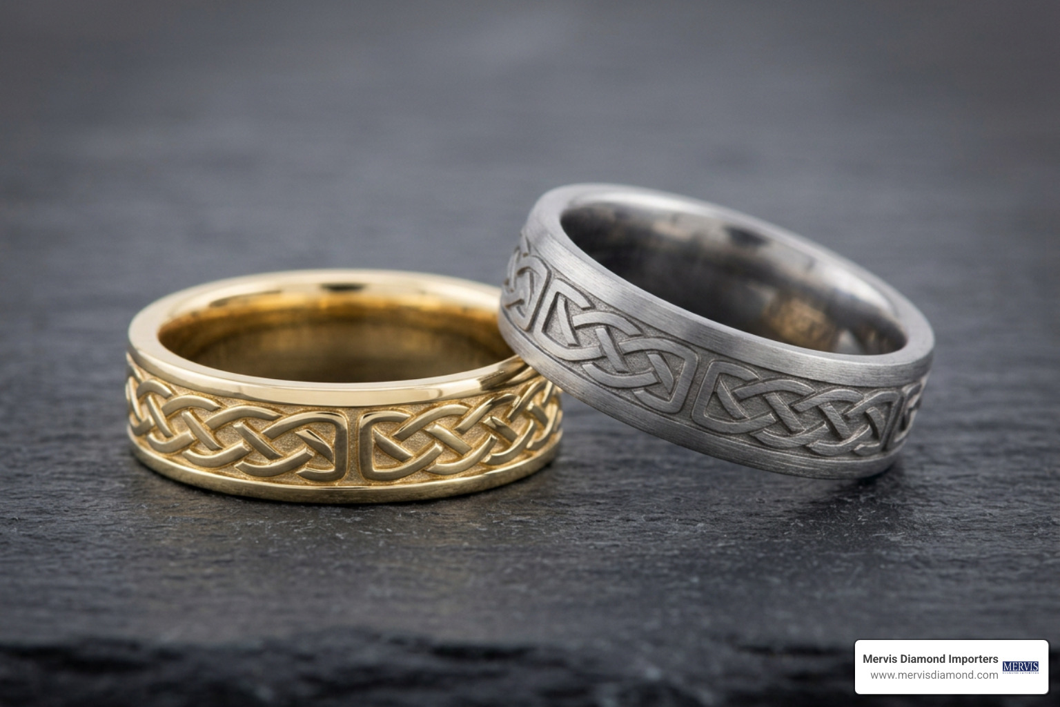Gold and titanium Celtic bands showcasing contrasting finishes