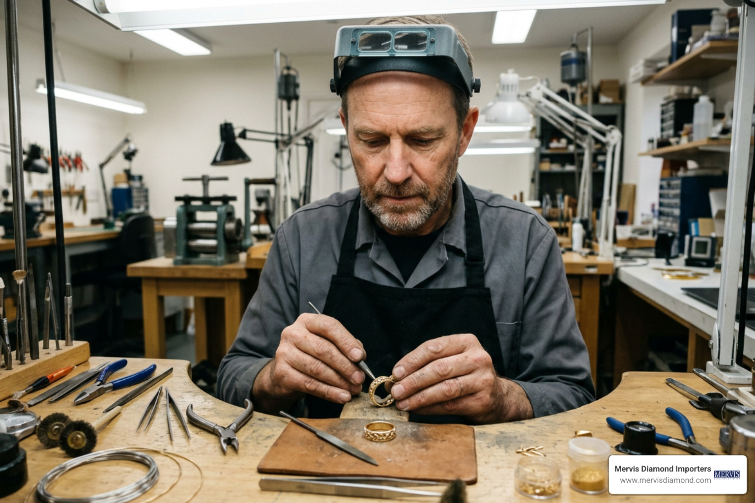 Master jeweler crafting detailed gold Celtic wedding ring