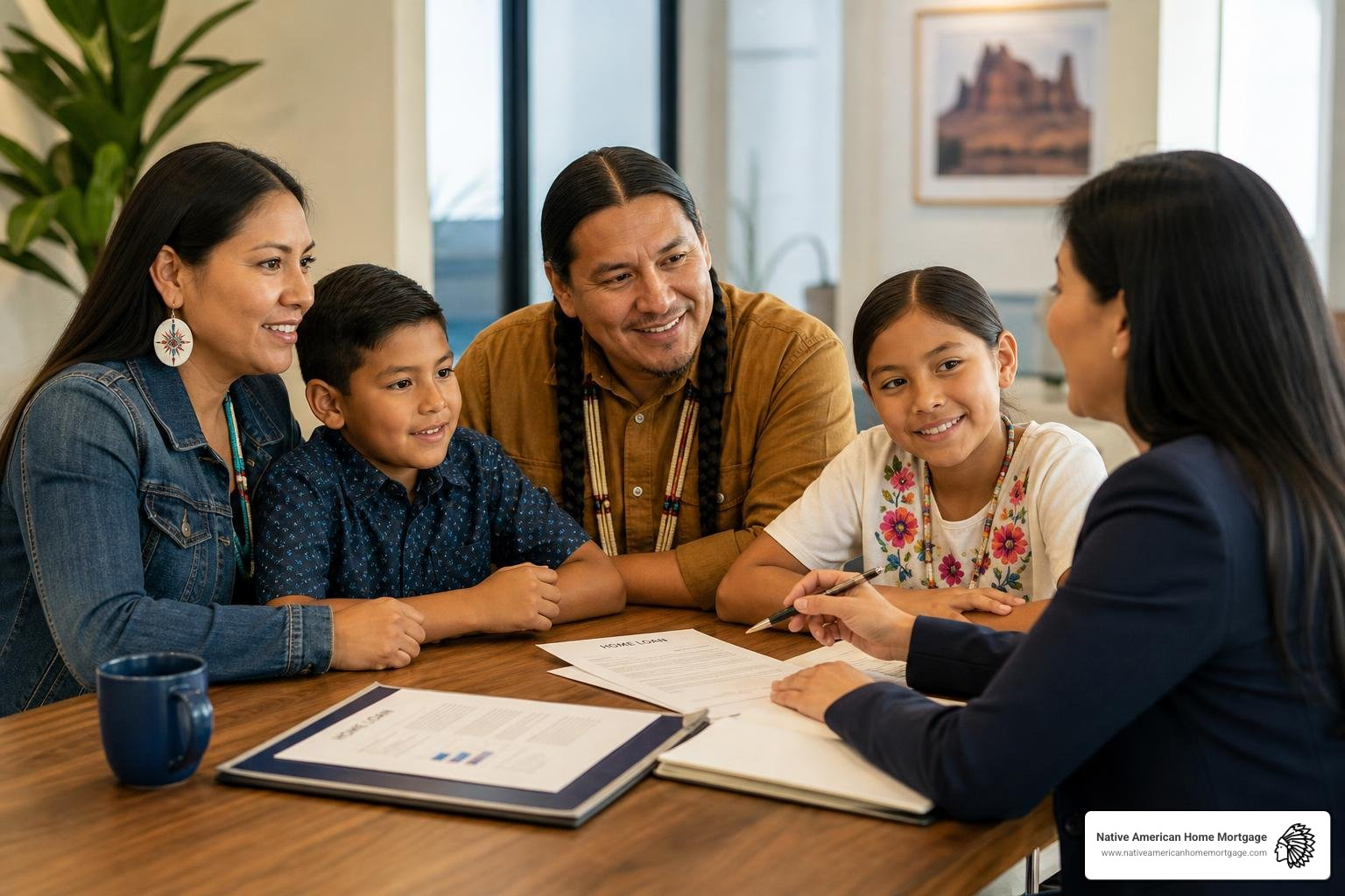 Family receiving assistance with home loan documents Family receiving assistance with home loan documents