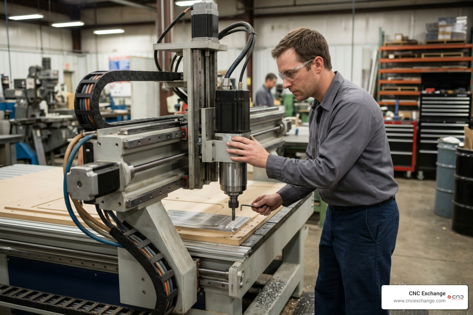 Technician inspecting CNC router spindle and gantry Technician inspecting CNC router spindle and gantry