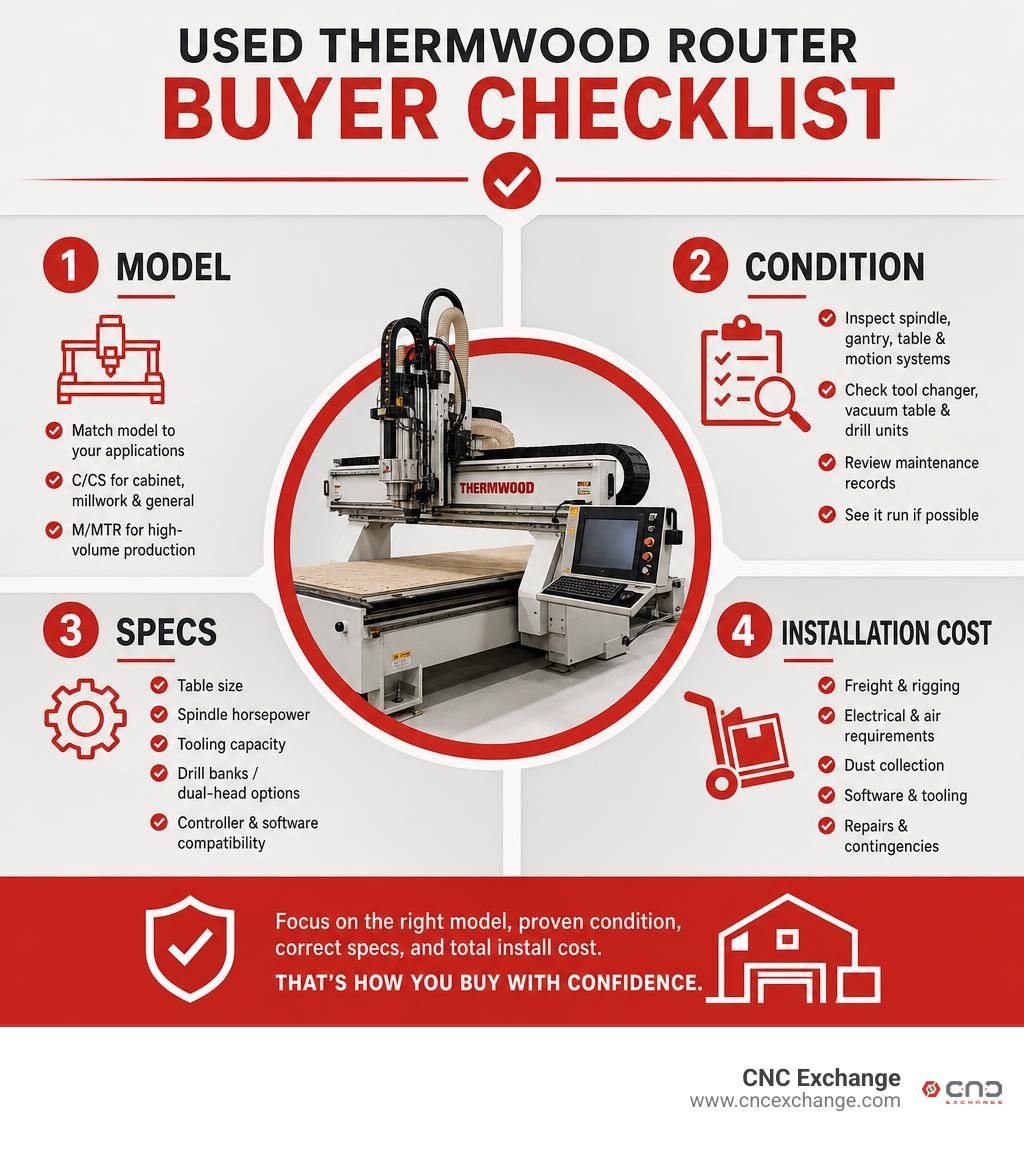 Used Thermwood router buyer checklist: model, condition, specs, installation cost infographic Used Thermwood router buyer checklist: model, condition, specs, installation cost infographic