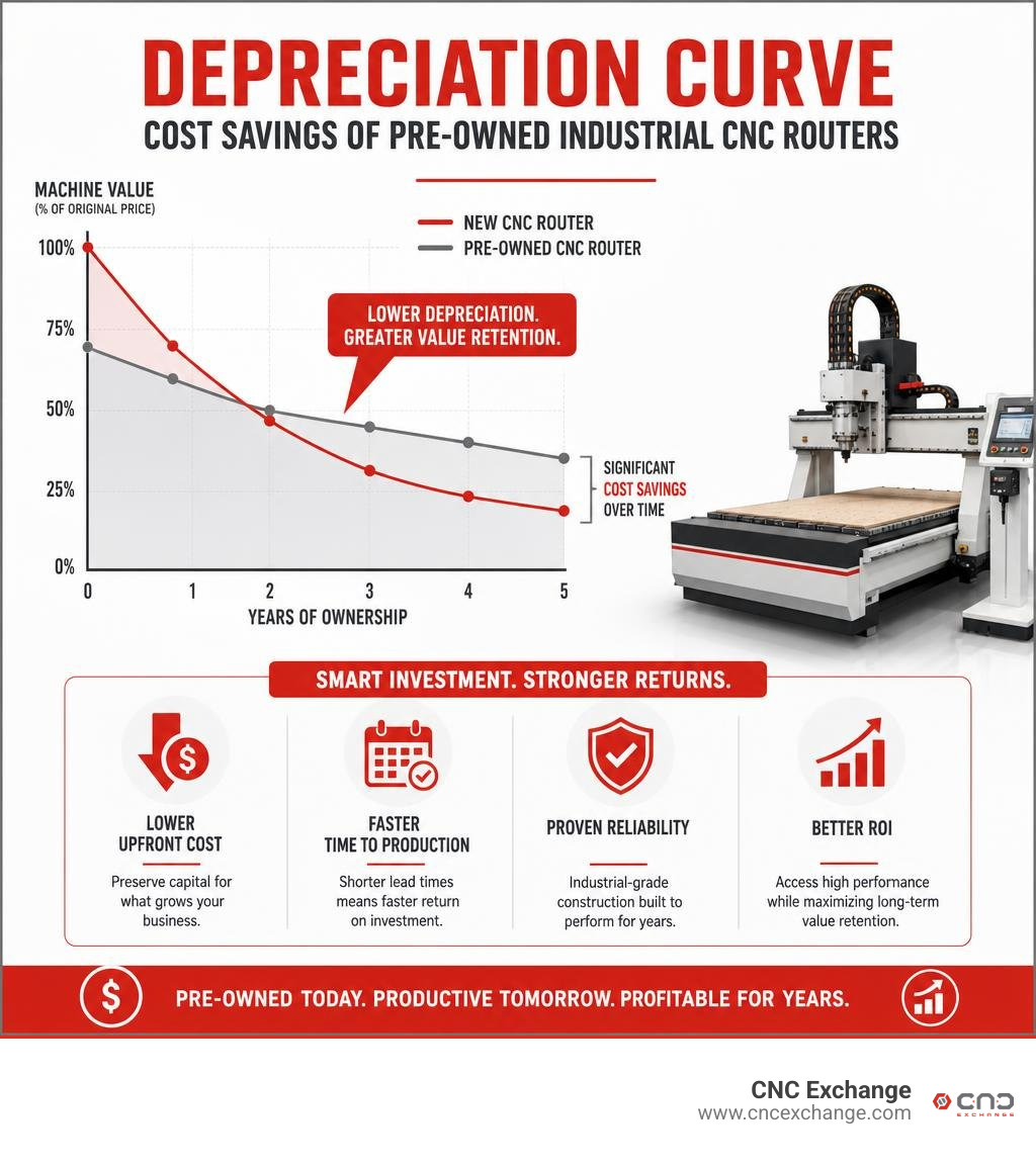 Depreciation curve showing cost savings of pre-owned industrial CNC routers infographic Depreciation curve showing cost savings of pre-owned industrial CNC routers infographic