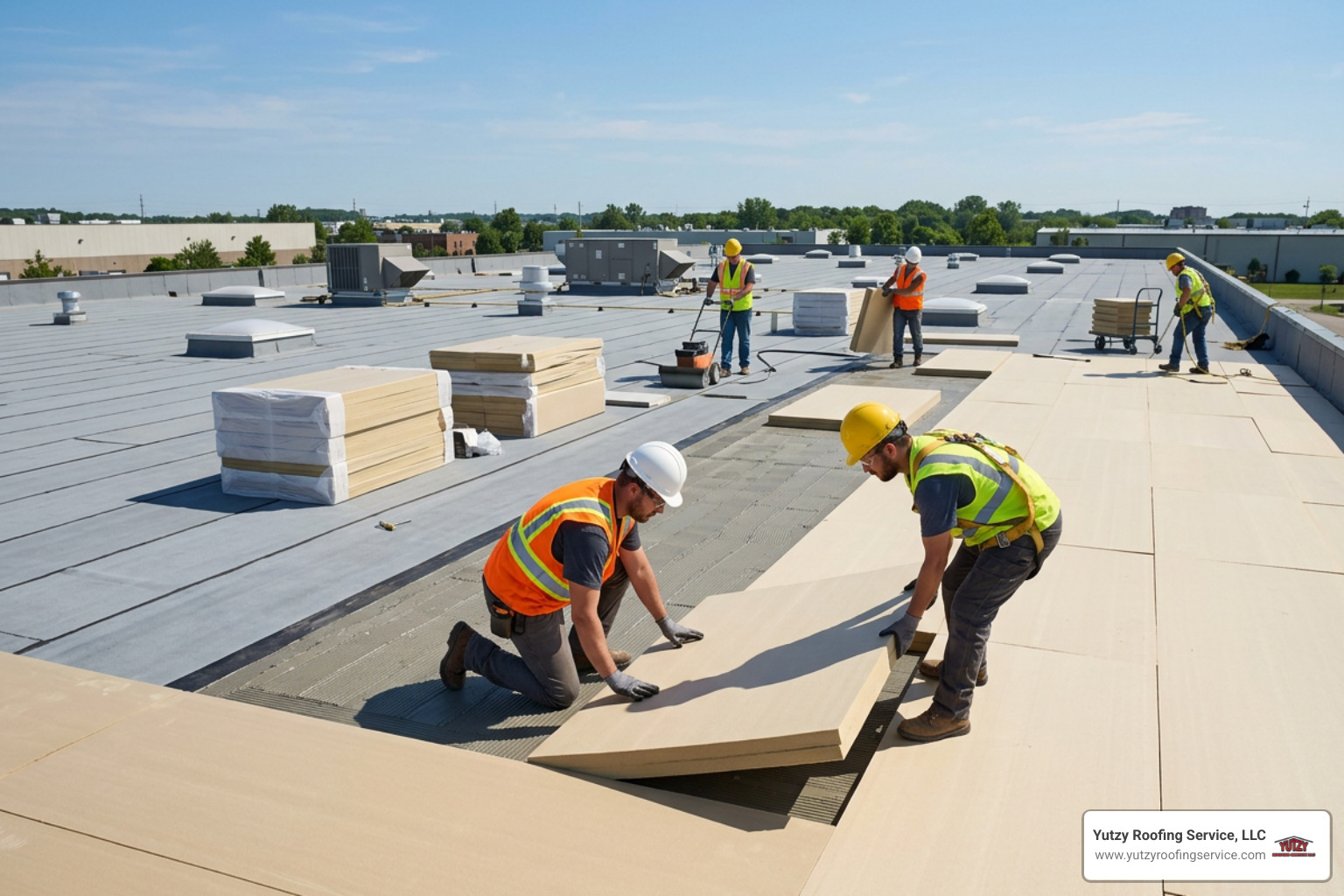 commercial roofing crew laying insulation boards commercial roofing crew laying insulation boards
