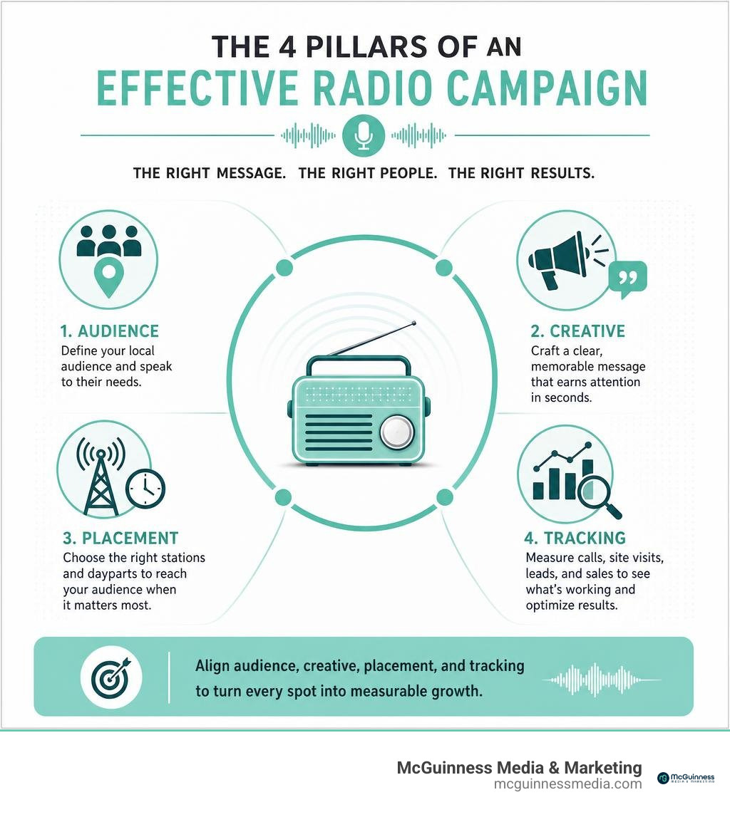 Effective radio campaign infographic: audience, creative, placement, tracking infographic