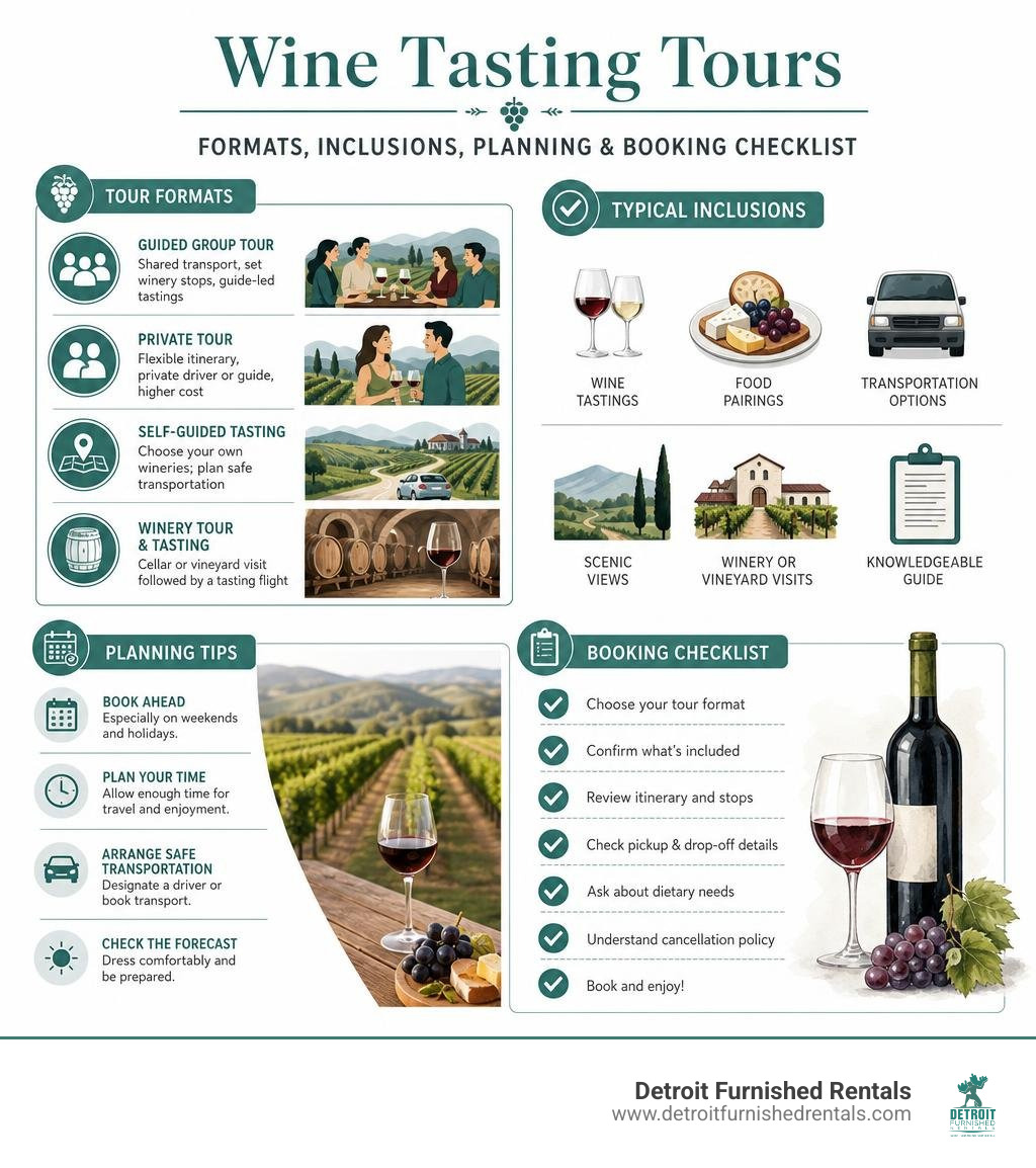 Wine tasting tour formats, inclusions, planning, and booking checklist infographic Wine tasting tour formats, inclusions, planning, and booking checklist infographic