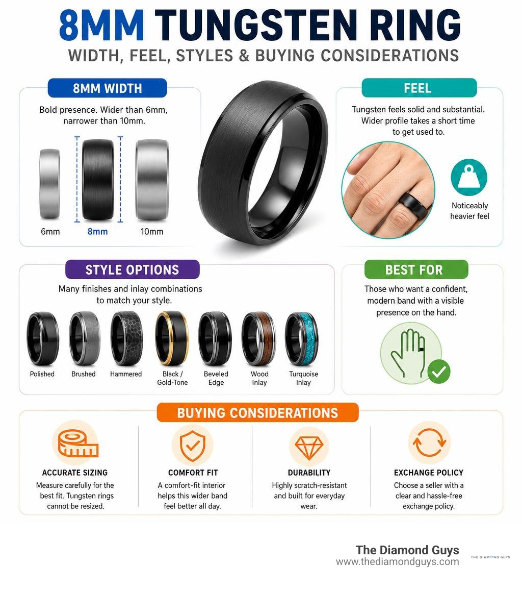 8mm tungsten ring width, feel, styles, and buying considerations infographic 8mm tungsten ring width, feel, styles, and buying considerations infographic