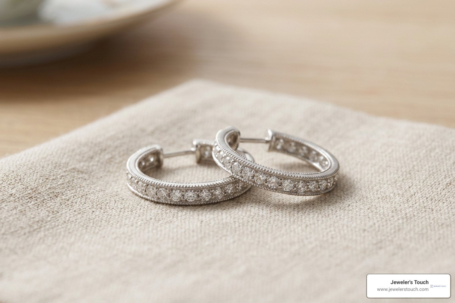 Hinged post backings and milgrain design details on diamond hoops