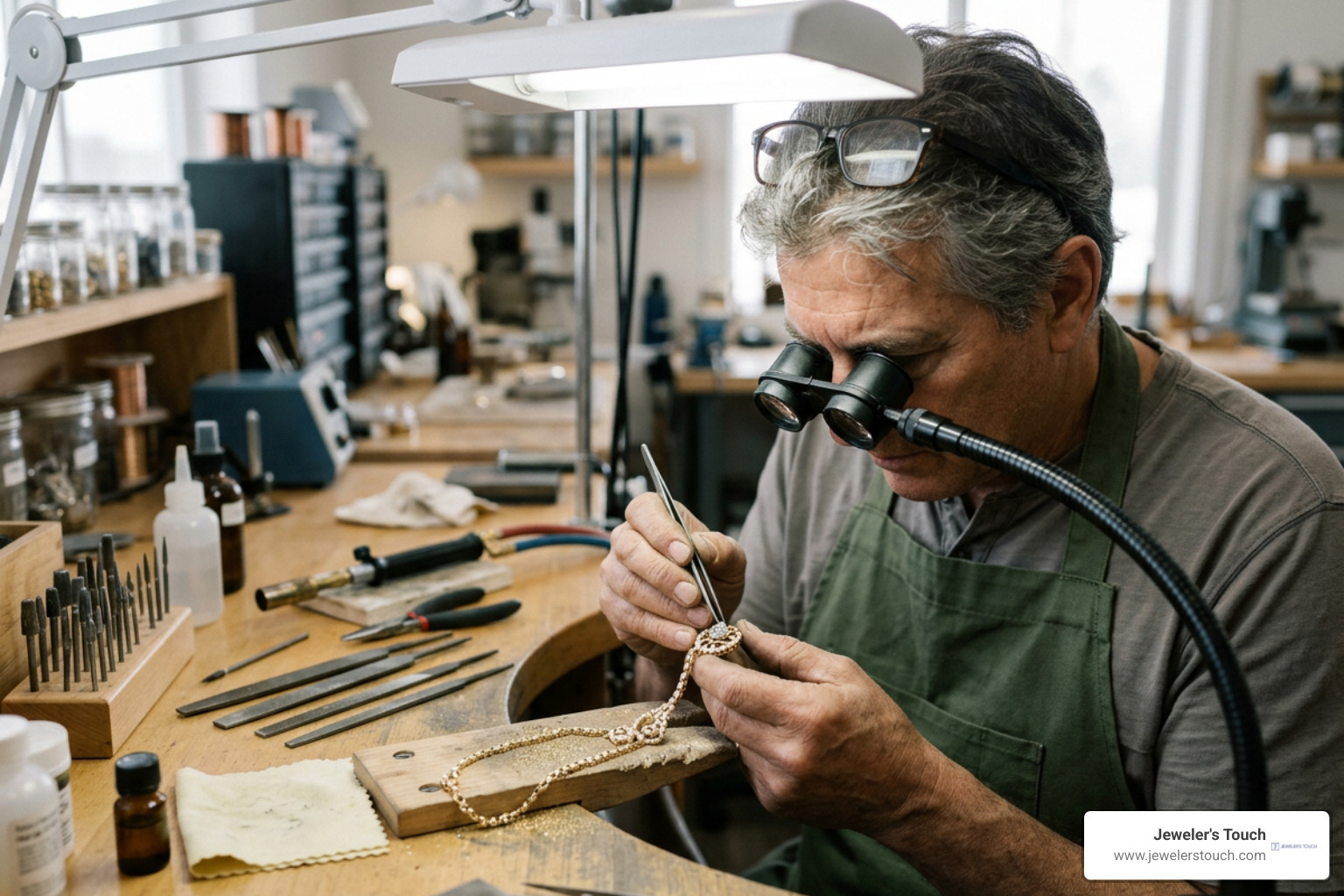 Master goldsmith meticulously crafting custom gold and diamond necklace Master goldsmith meticulously crafting custom gold and diamond necklace