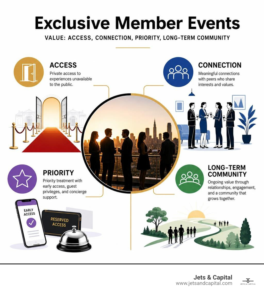 Exclusive member events value: access, connection, priority, and long-term community infographic