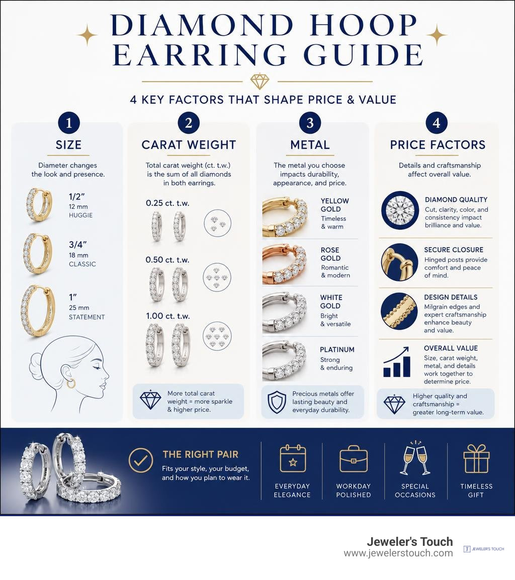 Diamond hoop earring guide showing size, carat weight, metal, and price factors infographic